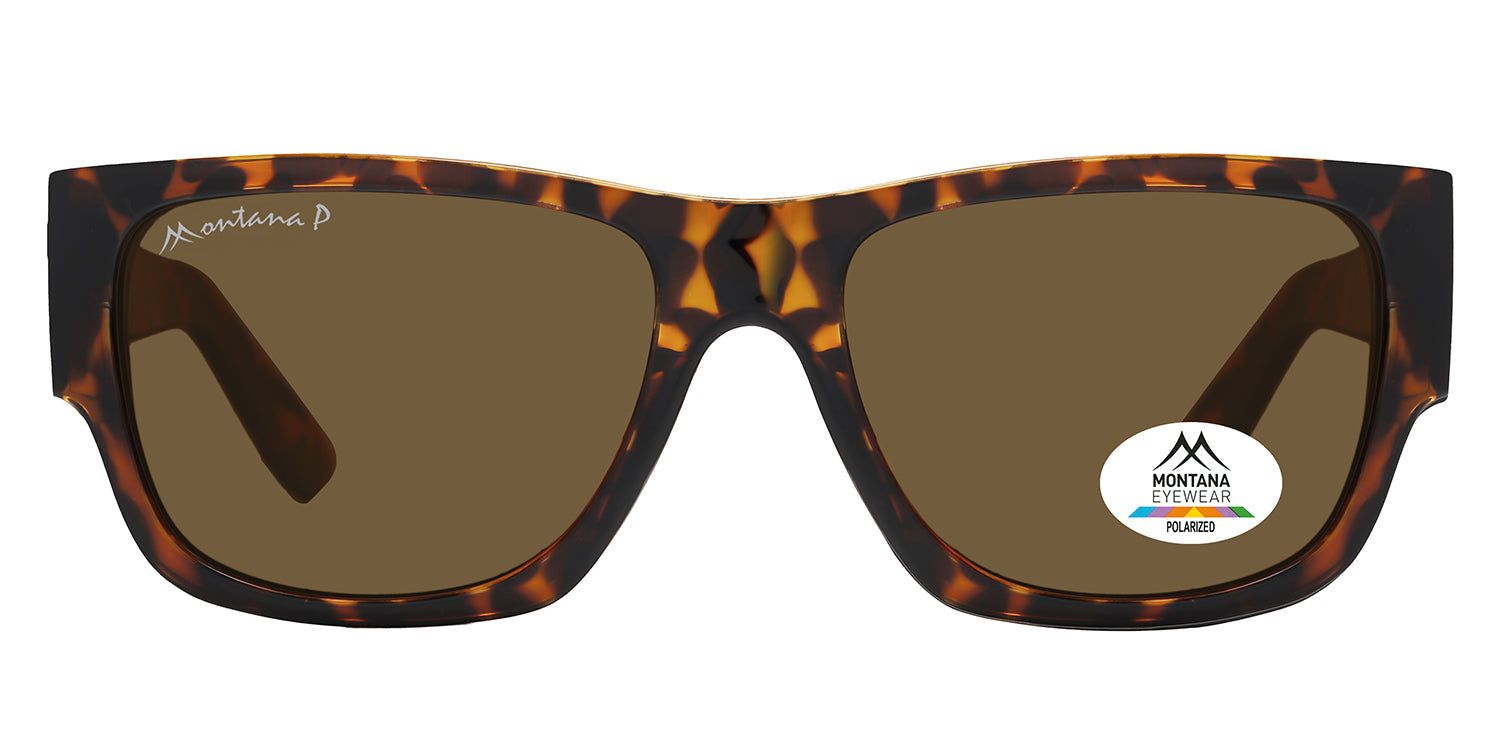 Lunettes de soleil marron et motif écaille de tortue. Logo Montana Eyewear et autocollant polarisé.