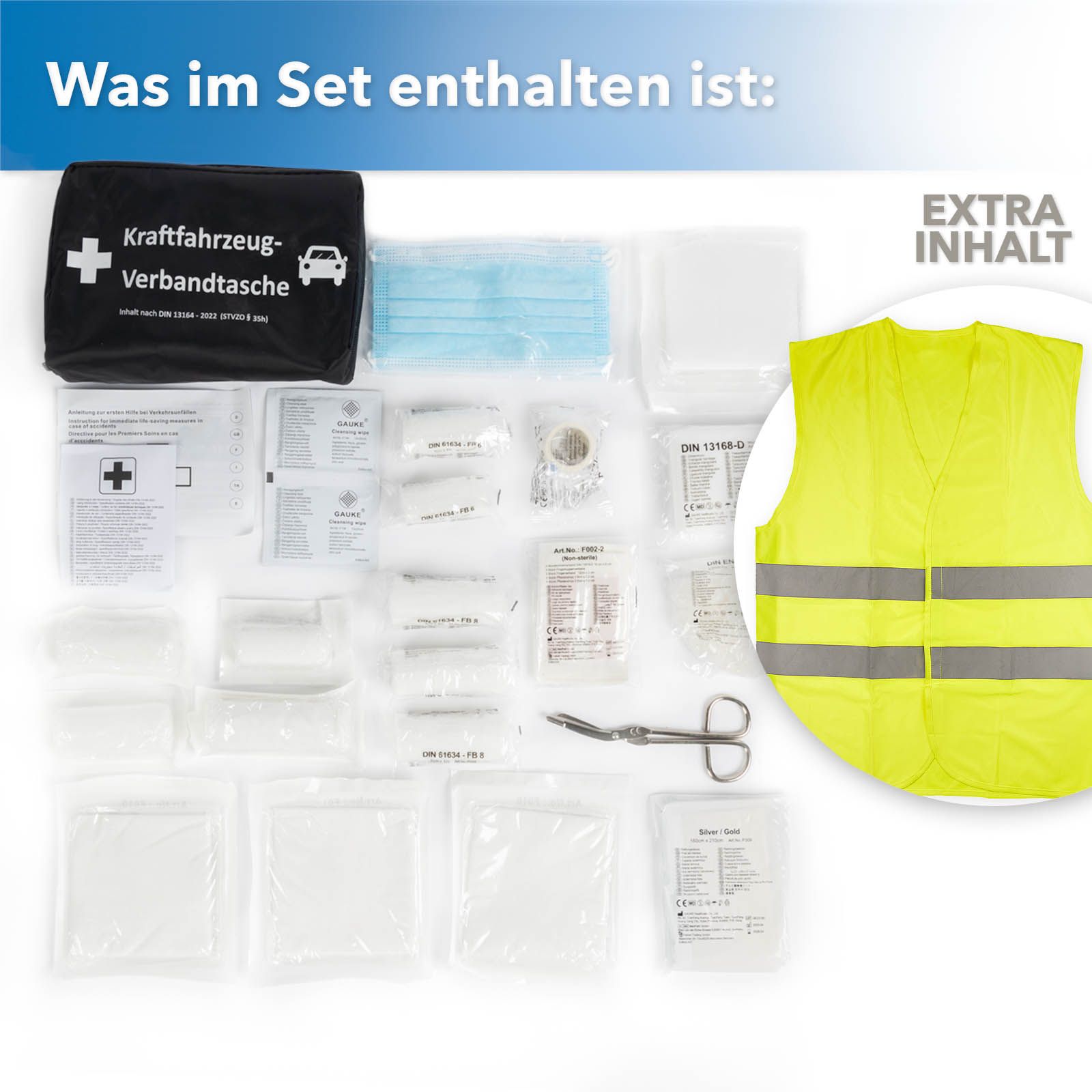 Open EHBO-tas met inhoud, veiligheidsvest en maskers. Extra inhoud. Op witte achtergrond.