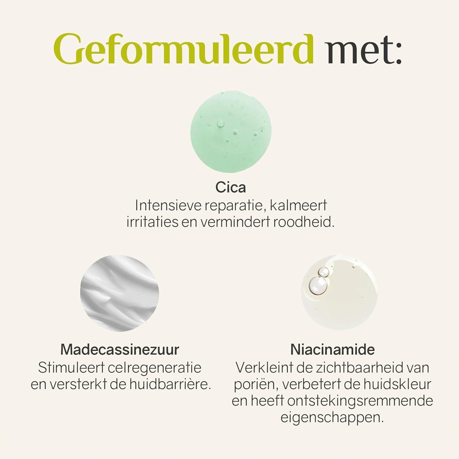 Drie huidverzorgingsingrediënten: Cica, Madecassolzuur en Niacinamide, met beschrijvingen van hun voordelen.