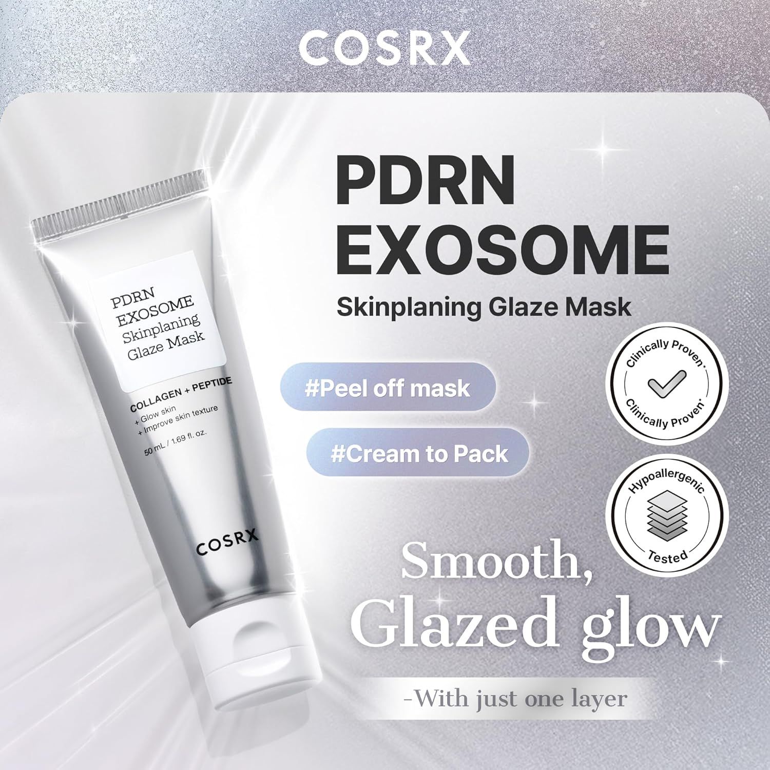 Tube PDRN Exosome Skinplaning Glaze Mask avec logo COSRX. Testé cliniquement, hypoallergénique.