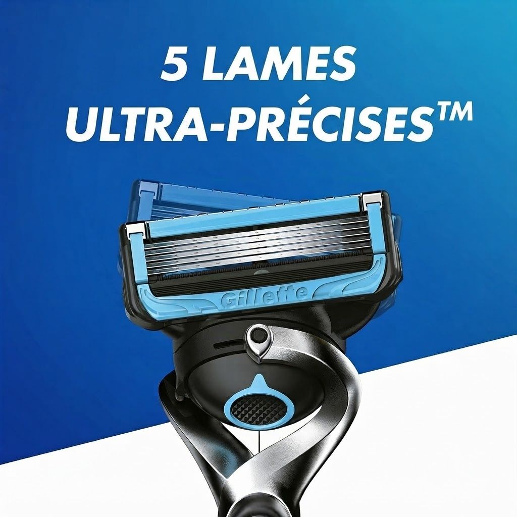 Rasoir Gillette avec 5 lames ultra-précises et un accent bleu.