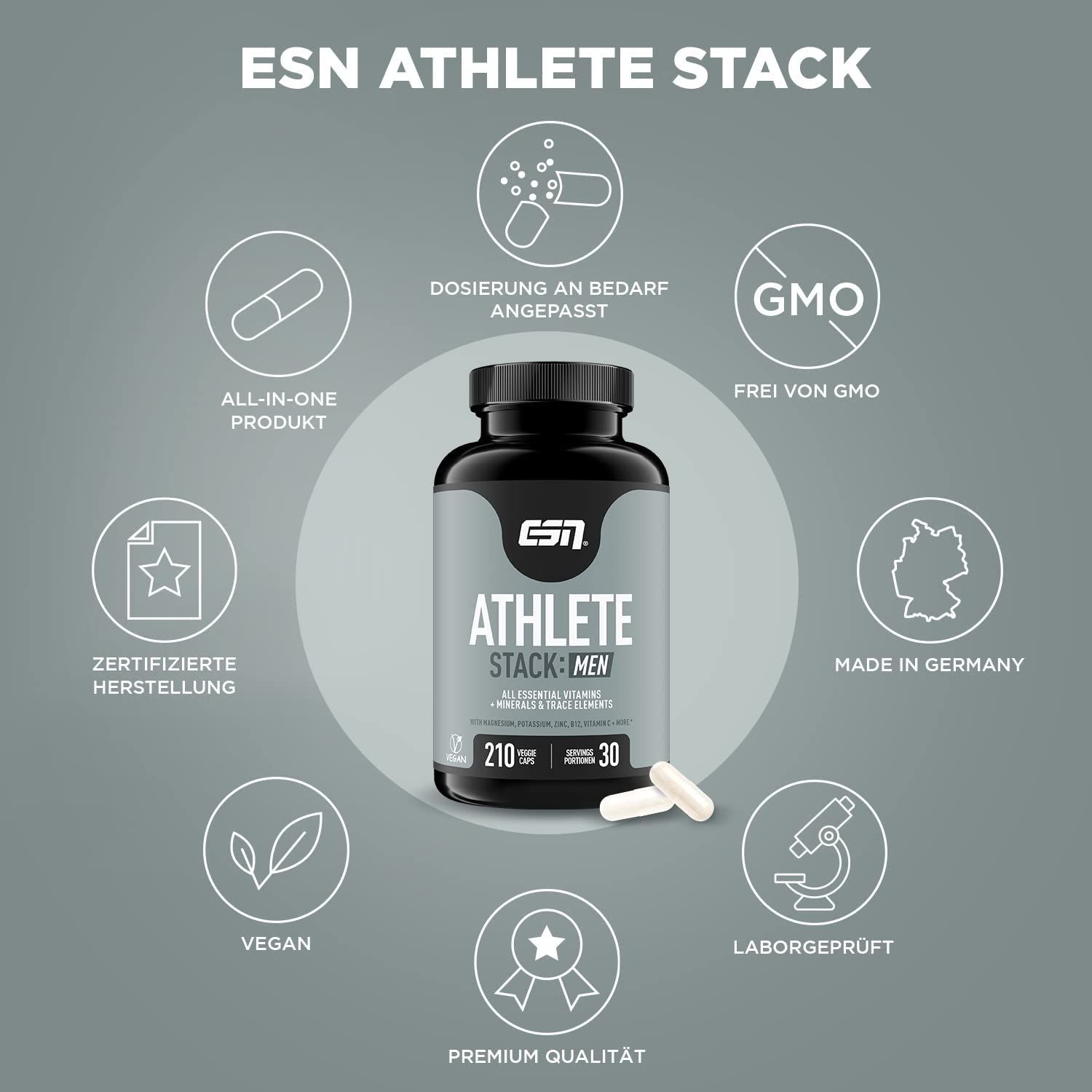 ESN ATHLETE STACK: MEN fles, capsules, iconen: alles-in-één, GMO-vrij, Made in Germany, laboratorium getest.