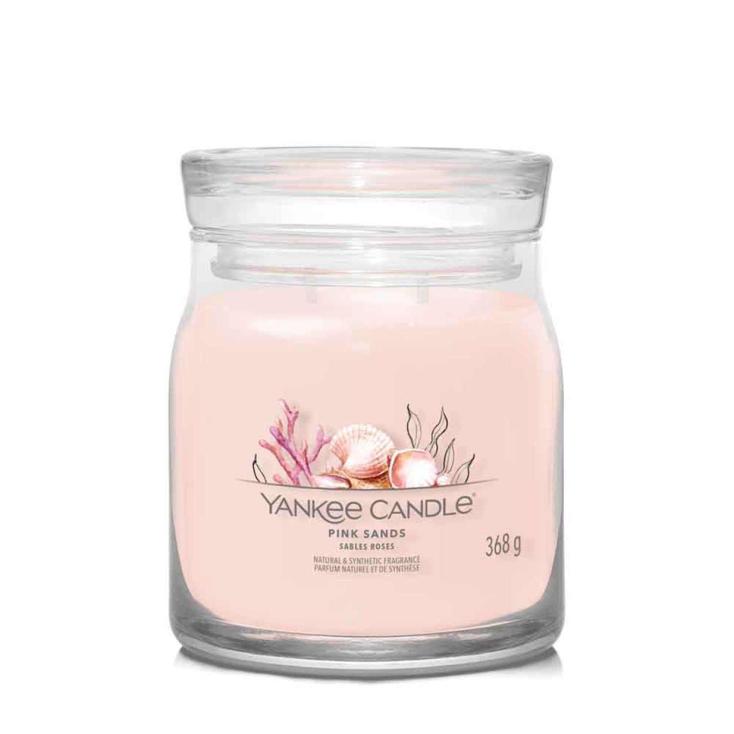 Bougie rose Yankee Candle Pink Sands dans un pot en verre avec couvercle. 368 g.