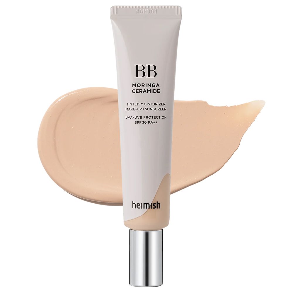 Tube de BB Moringa Ceramide BB Cream avec un échantillon de la couleur 21C Light Nude.