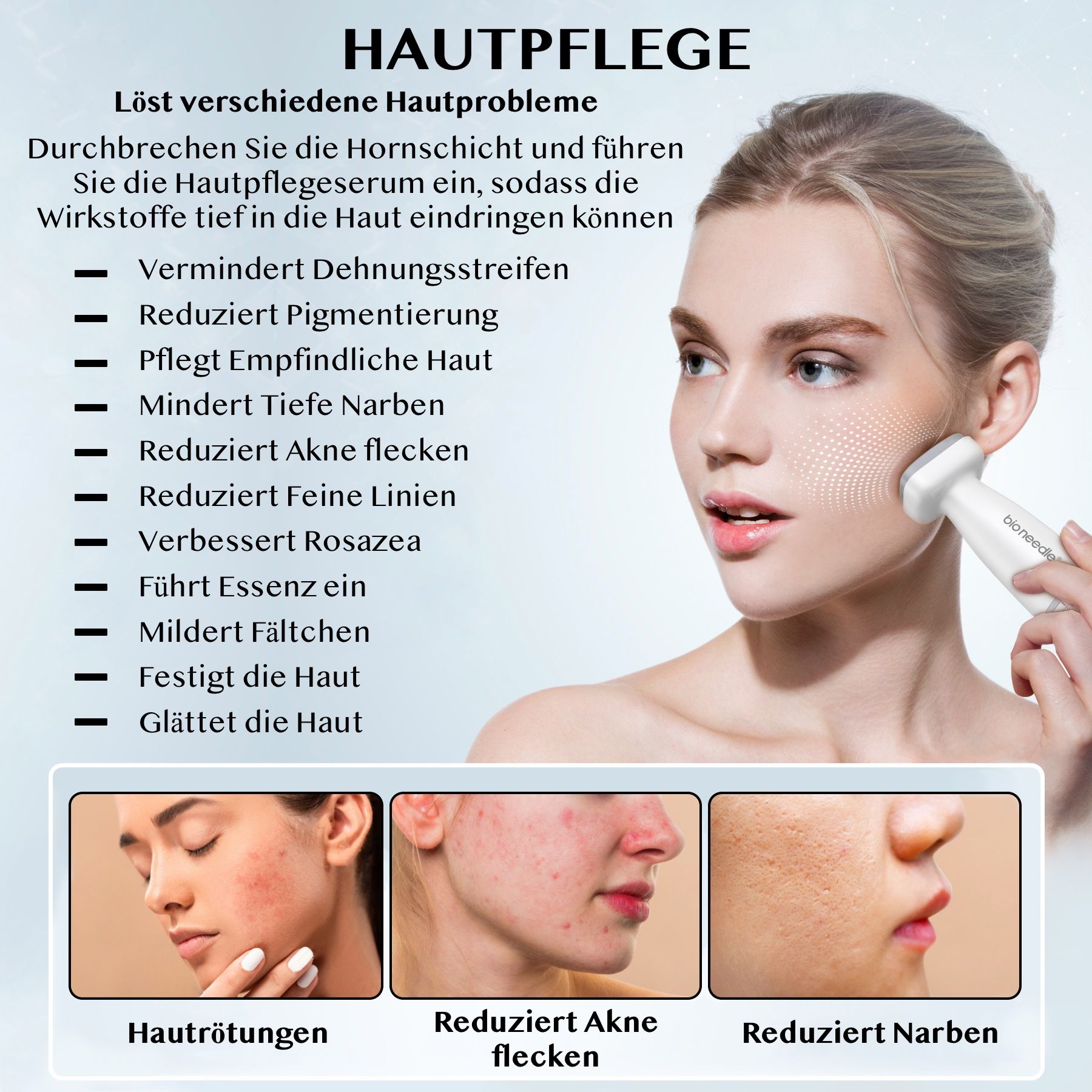 Vrouw met huidverzorgingsapparaat op het gezicht, lijst met huidverzorgingsvoordelen ernaast.