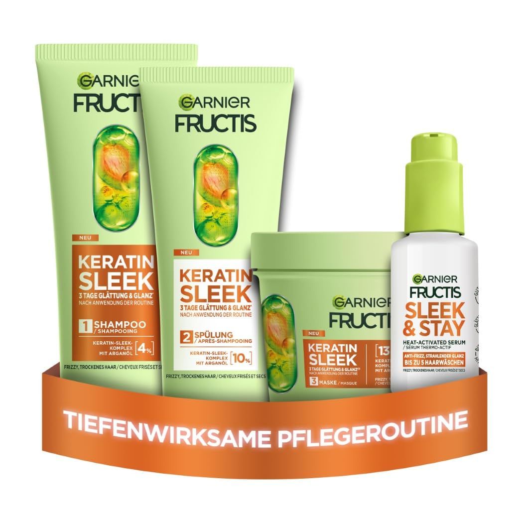 Garnier Fructis Keratin Sleek. Shampoo, conditioner, masker en serum. Groene verpakking met gele accenten.