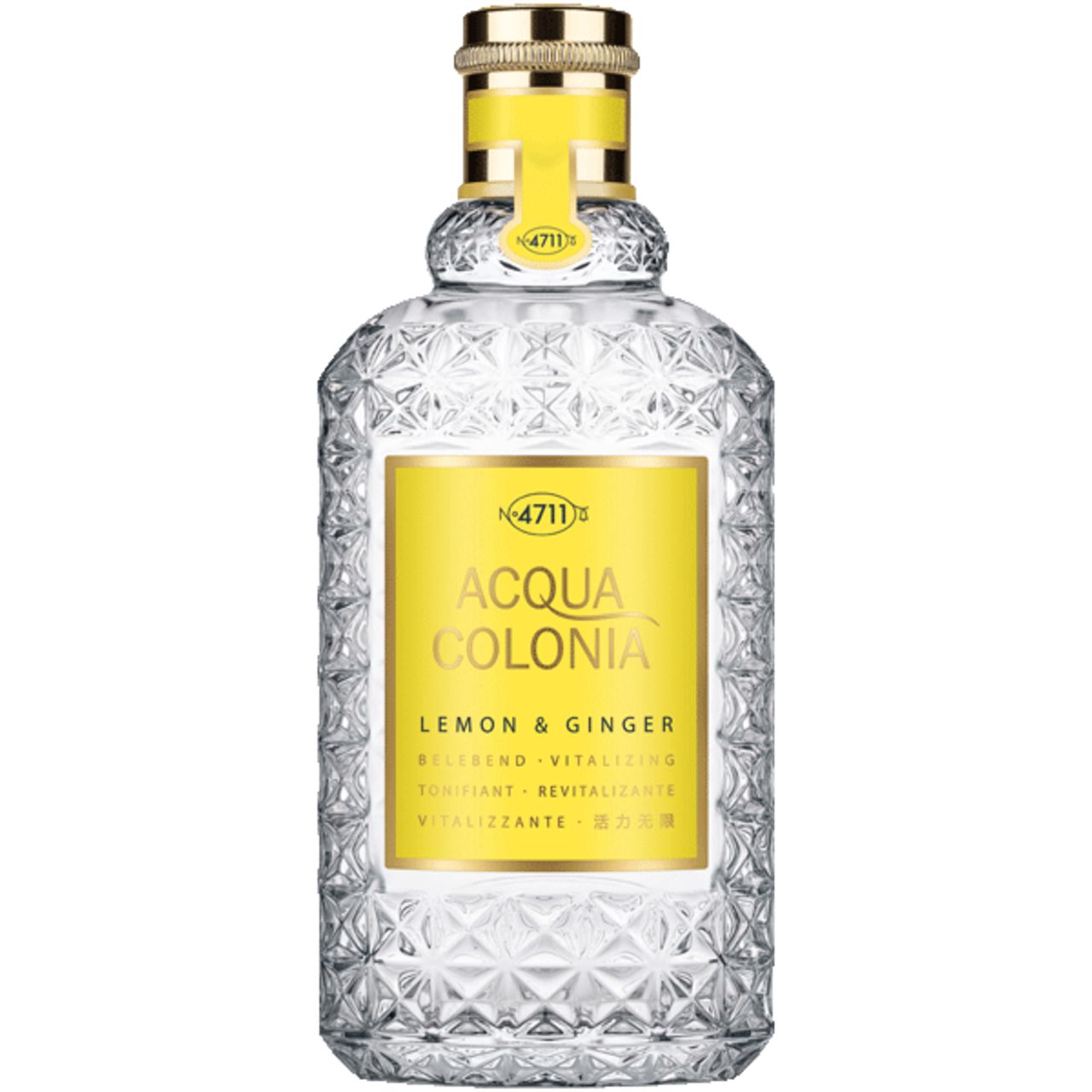 Flacon transparent avec étiquette jaune. Inscription: Acqua Colonia Lemon & Ginger. Bouchon doré.