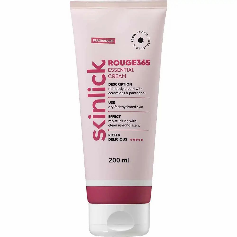 Crèmetube met SKINLICK Rouge365 Essential Cream. Roze-wit ontwerp, rode streep. Tekst: beschrijving, gebruik, effect, 200 ml.