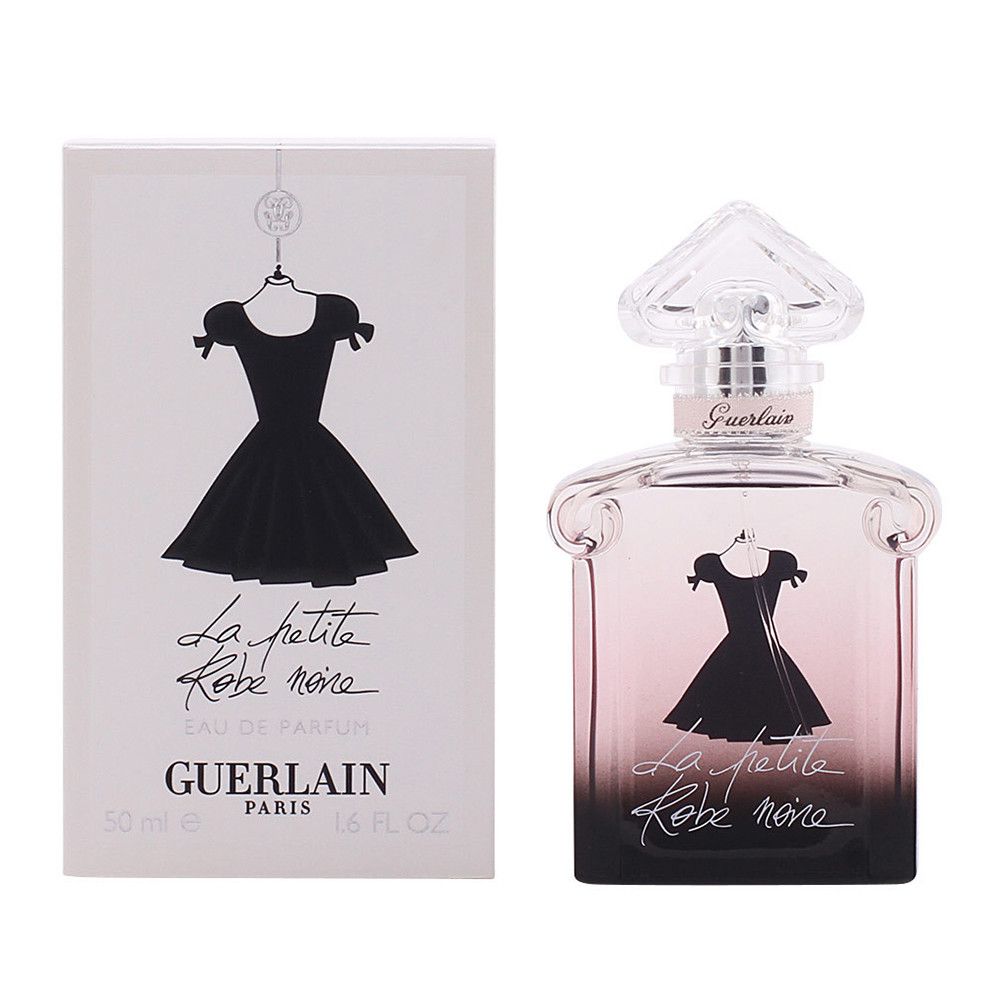 Flacon de parfum et emballage. Flacon avec motif robe. Emballage avec illustration de robe. Logo Guerlain.