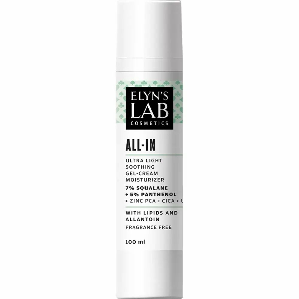 Flacon blanc avec étiquette verte. Inscription : Elyn's Lab, ALL-IN, crème hydratante pour le visage. 100 ml.