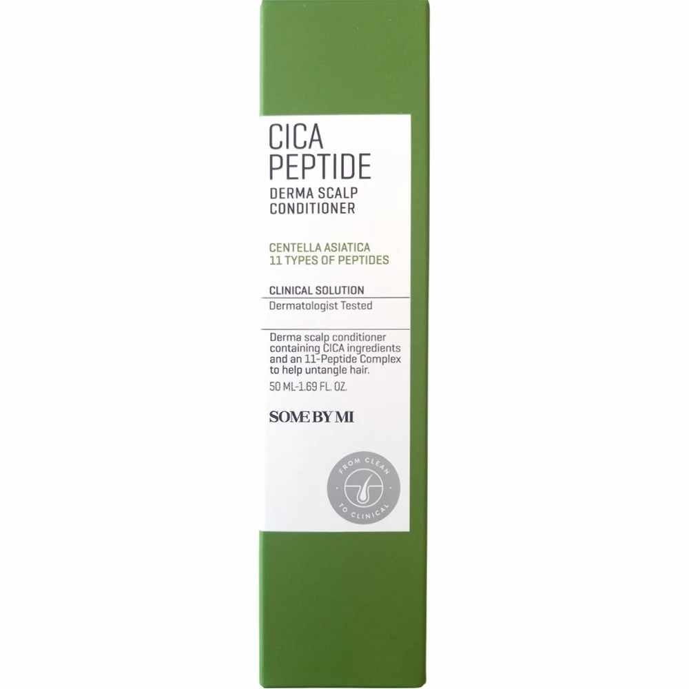 Emballage vert avec inscription: Cica Peptide Derma Scalp Conditioner. Texte: Centella Asiatica, 11 types de peptides.