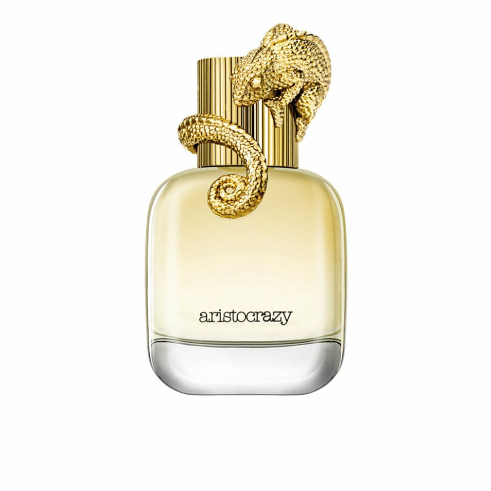 Flacon de parfum avec bouchon doré en forme de reptile. Inscription 'aristocrazy'.