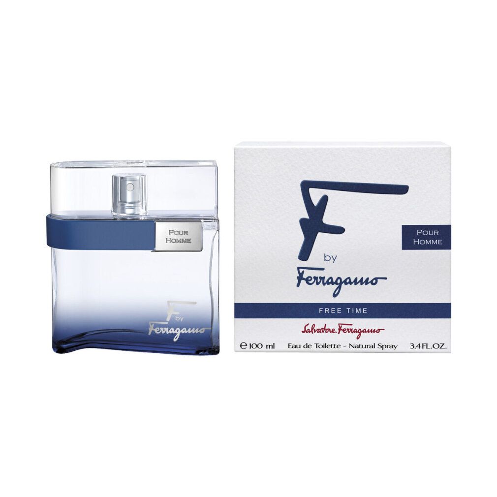 F by Ferragamo Free Time Edt. Spray, flacon et emballage. Couleurs blanc et bleu. Inscription: F by Ferragamo, Pour Homme.