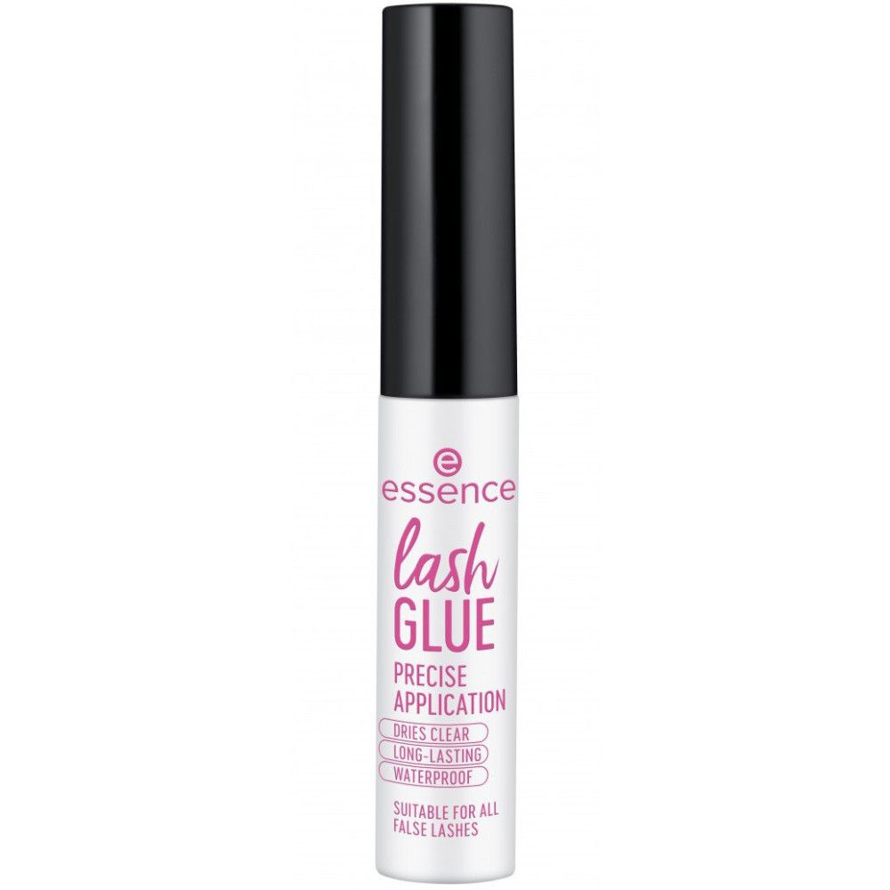 Colle à cils Essence avec bouchon noir. Récipient blanc avec inscription rose 'lash GLUE'. Texte : 'Precise Application', 'Dries Clear', 'Long-Lasting', 'Waterproof'.