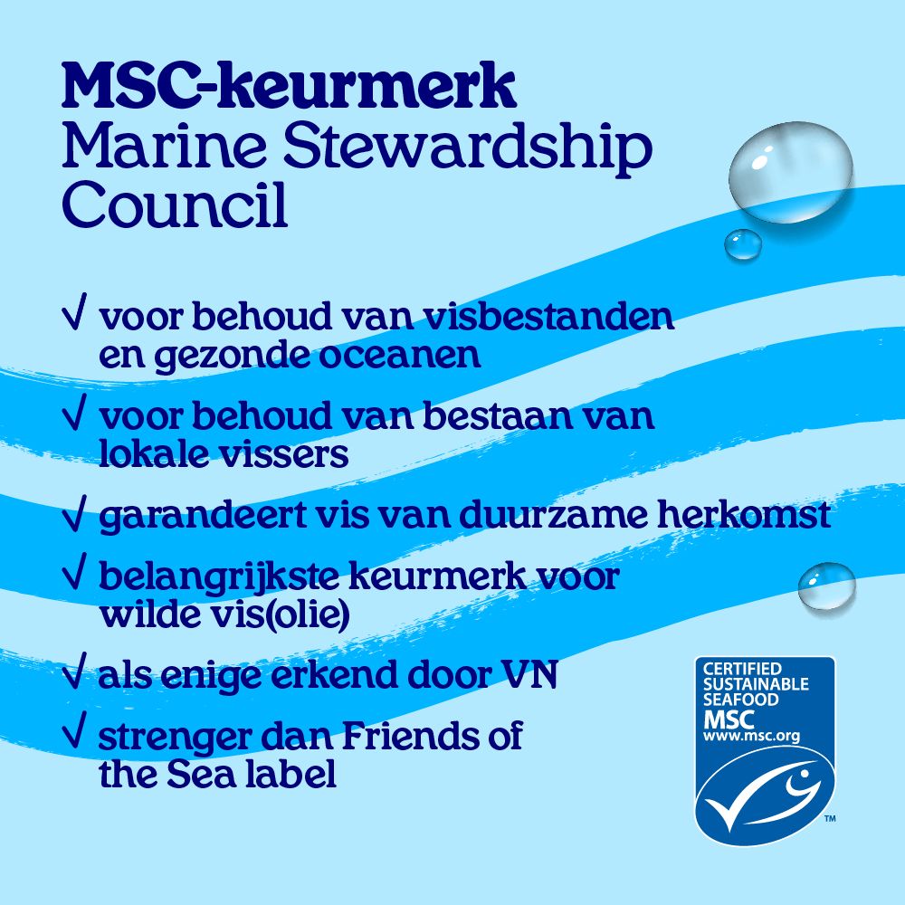 Verpakking Arctic Blue L-Theanine Omega-3 met MSC-keurmerk en tekst over duurzame visserij.