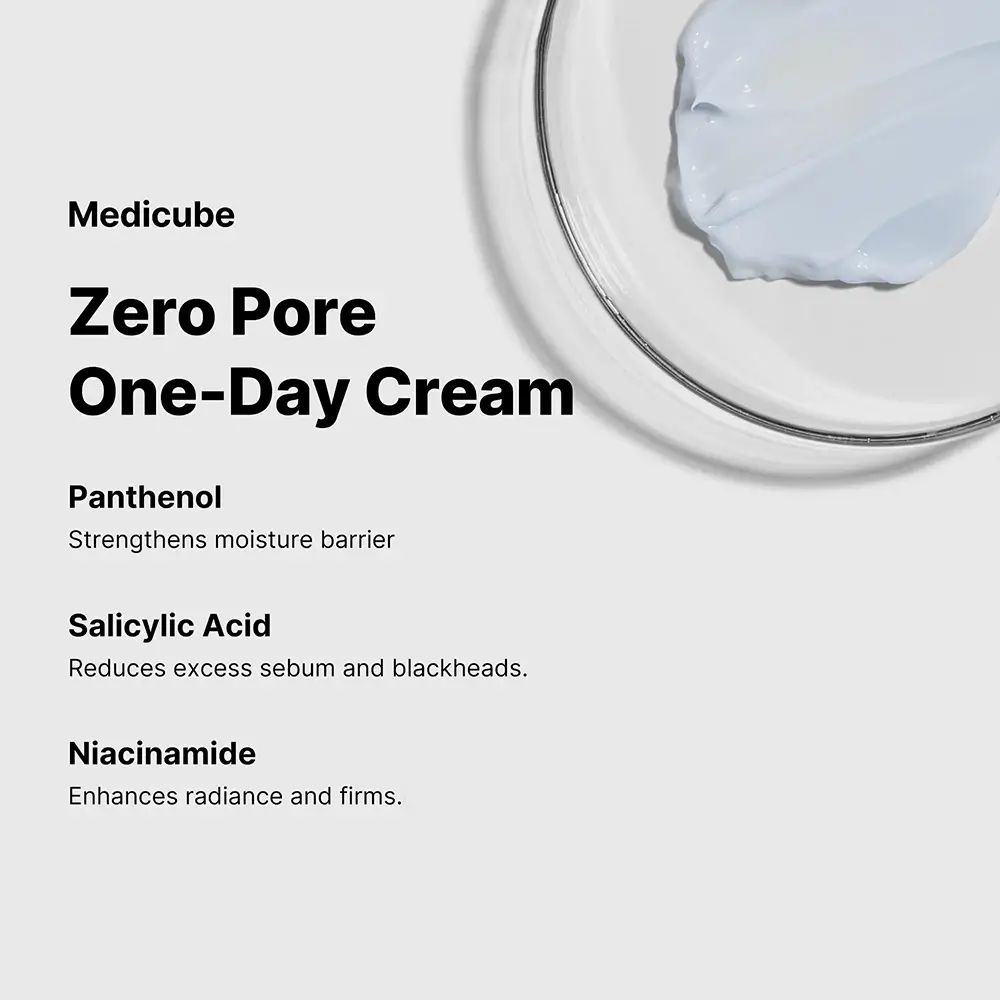 Crème op glas. Tekst: medicube, Zero Pore One-Day Cream, Panthenol, Salicylzuur, Niacinamide.