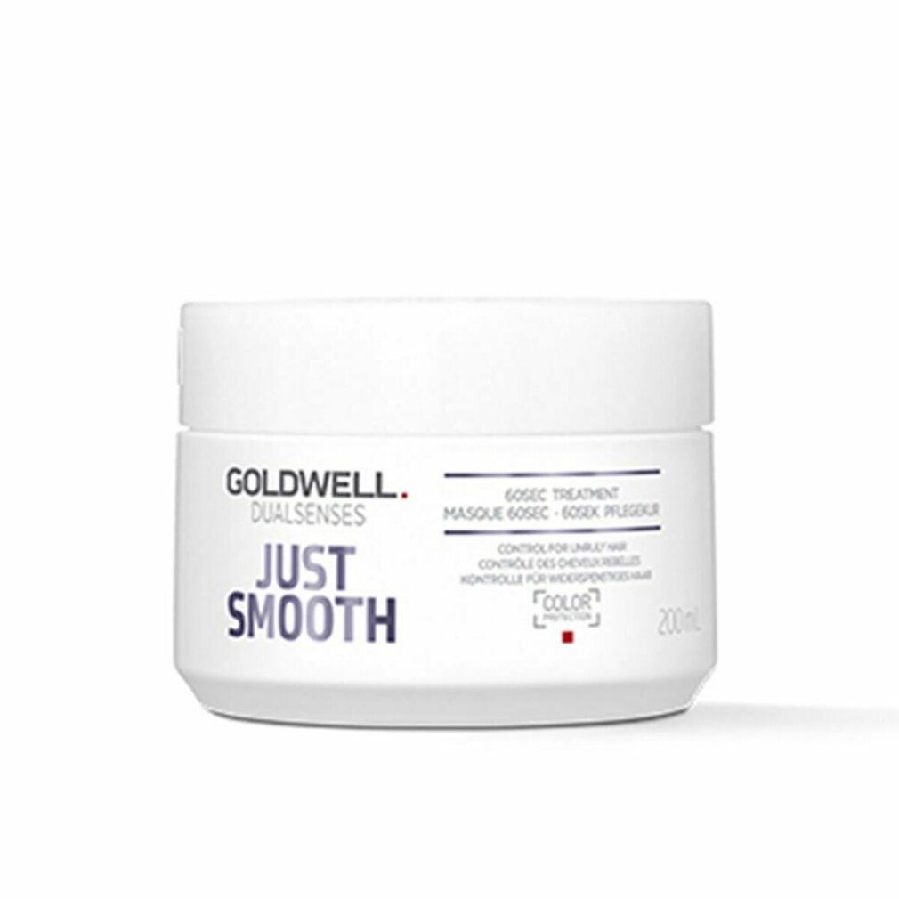 Goldwell Dualsenses Just Smooth 60S Treatment. Pot blanc avec texte violet. Nom du produit et marque visibles.