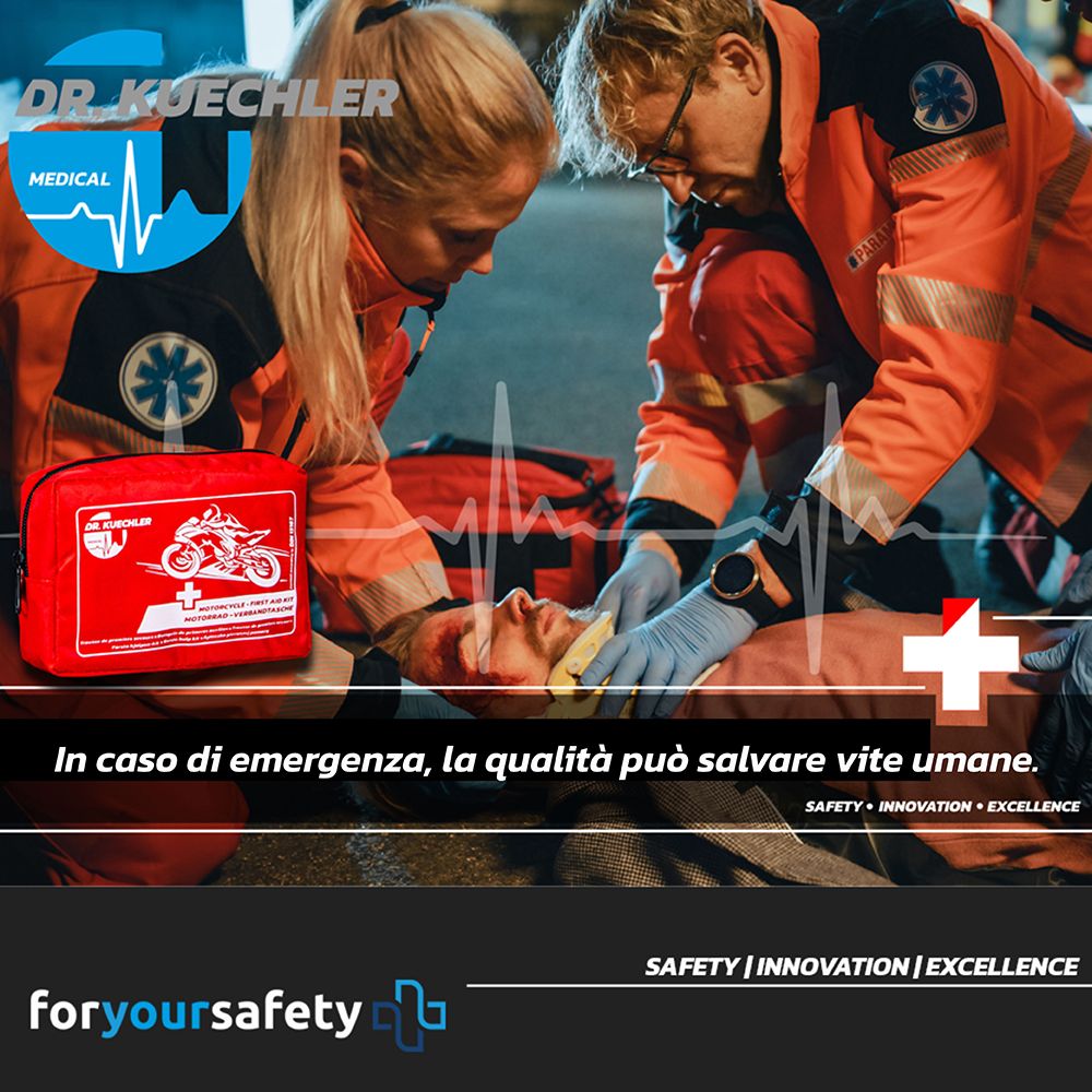 Rode EHBO-tas naast paramedici. Tekst: In caso di emergenza, la qualità può salvare vite umane.