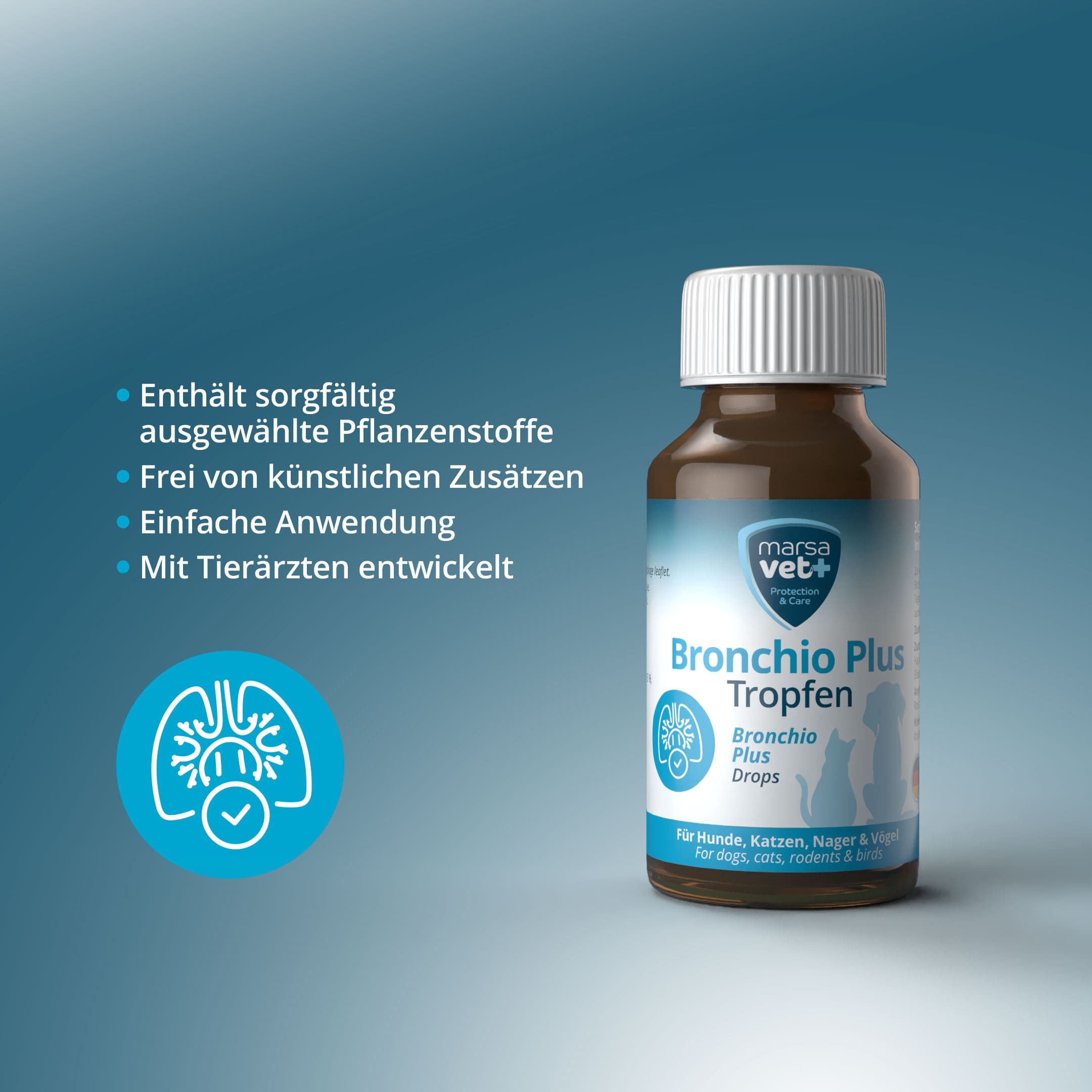 Fles met witte dop en opschrift: Bronchio Plus Druppels. Logo Marsa Vet. Blauwe infographic.