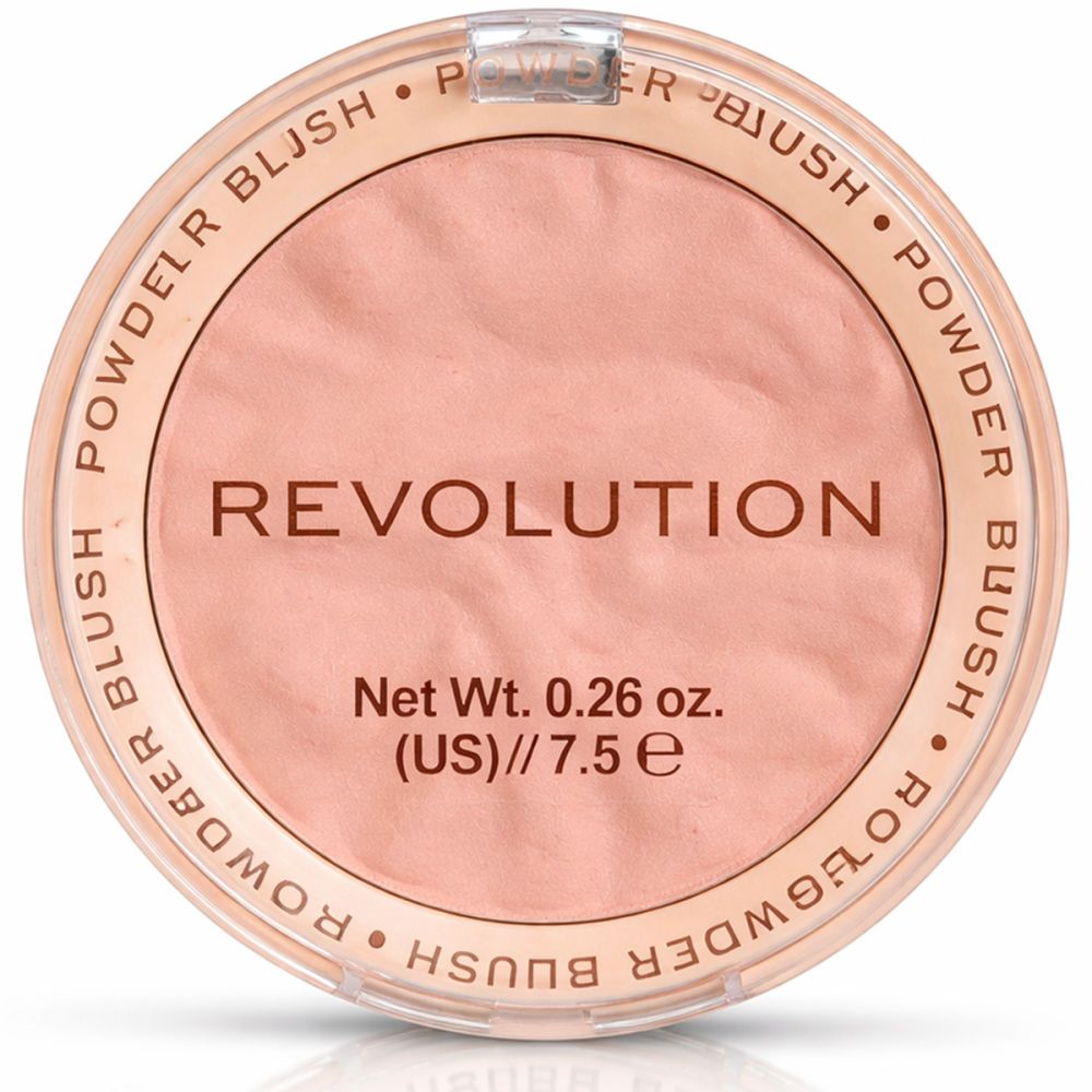 Ronde poeder blush container. Opschrift: REVOLUTION. Tekst: Powder Blush. Net Wt. 0.26 oz. (US)//7.5 e. Roze poeder.