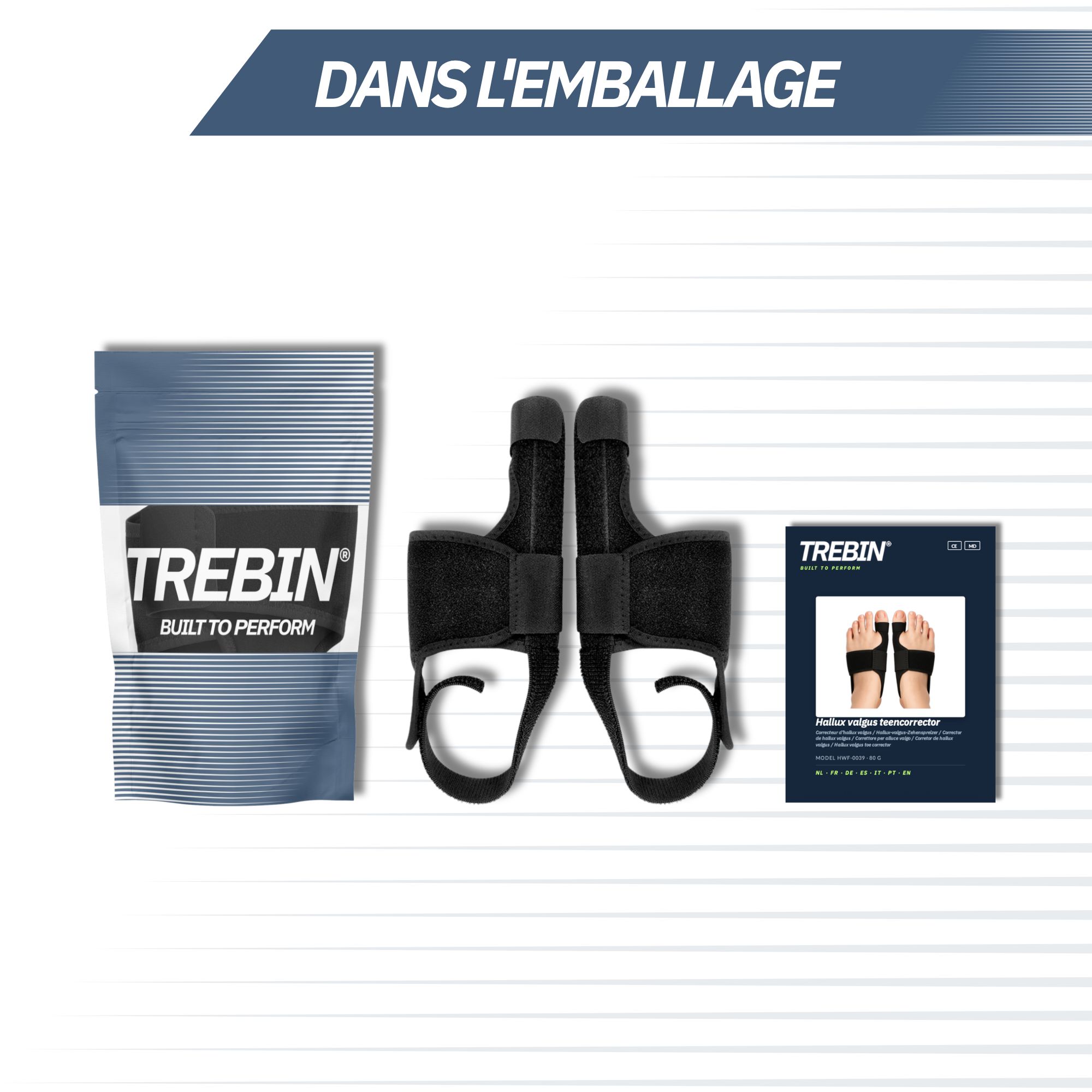 Contenu de l'emballage : 2 orthèses pour oignon, sac et instructions.