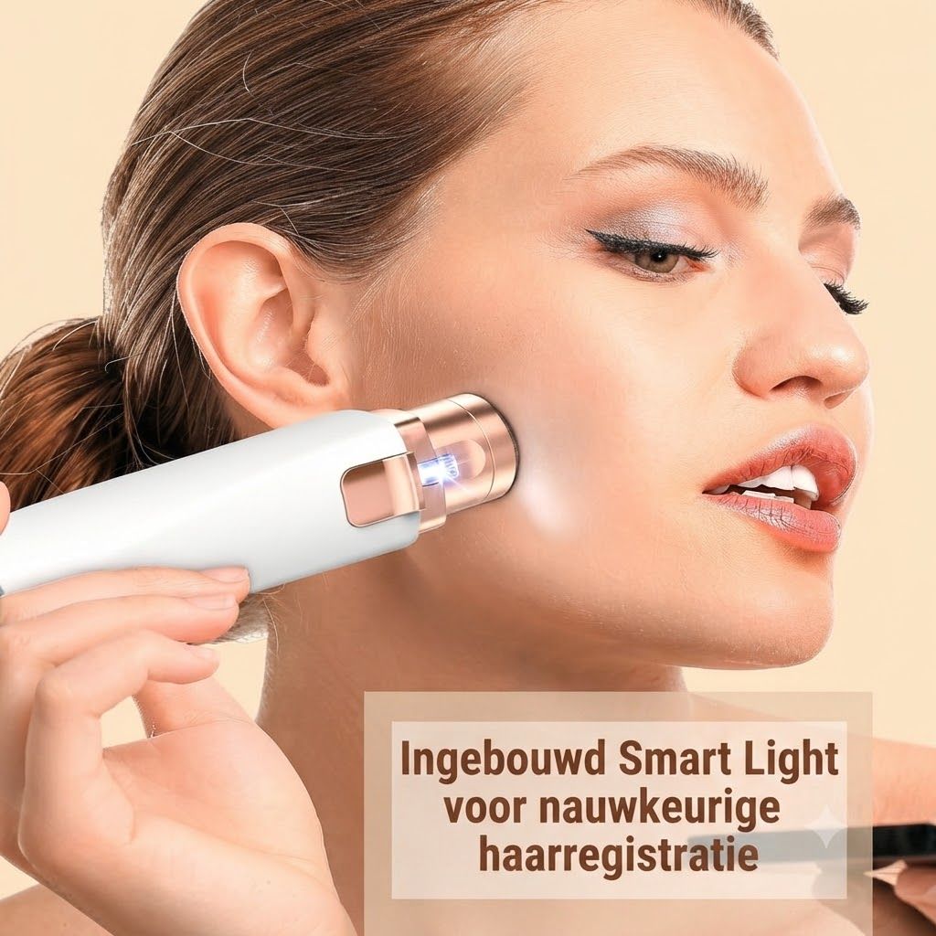 Een wit en goudkleurig ontharingsapparaat met ingebouwd licht wordt op de wang van een vrouw gebruikt.