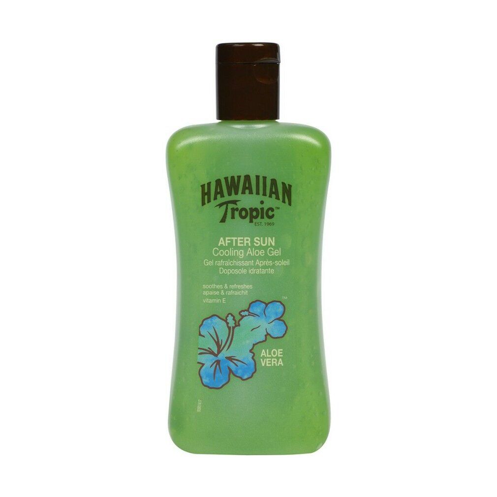 Flacon vert avec bouchon marron. Inscription: Hawaiian Tropic, After Sun Cooling Aloe Gel. Fleur bleue et Aloe Vera.