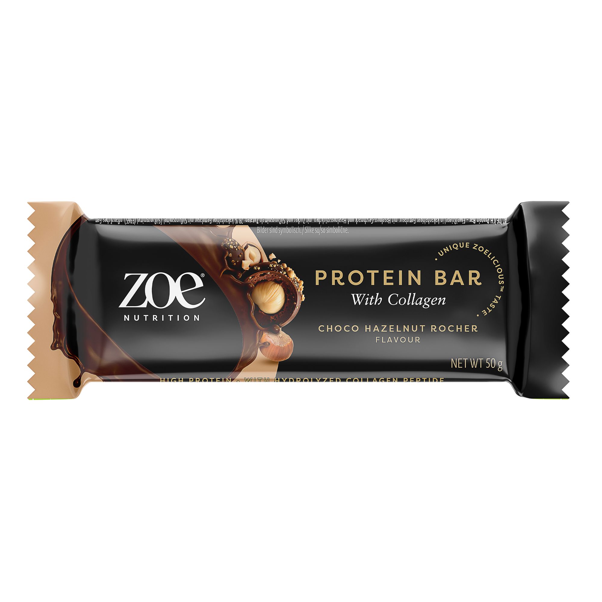 Enkele Zoe eiwitreep in zwarte folie. Opschrift: Protein Bar with Collagen, Choco Hazelnut Rocher. Bruine uiteinden.