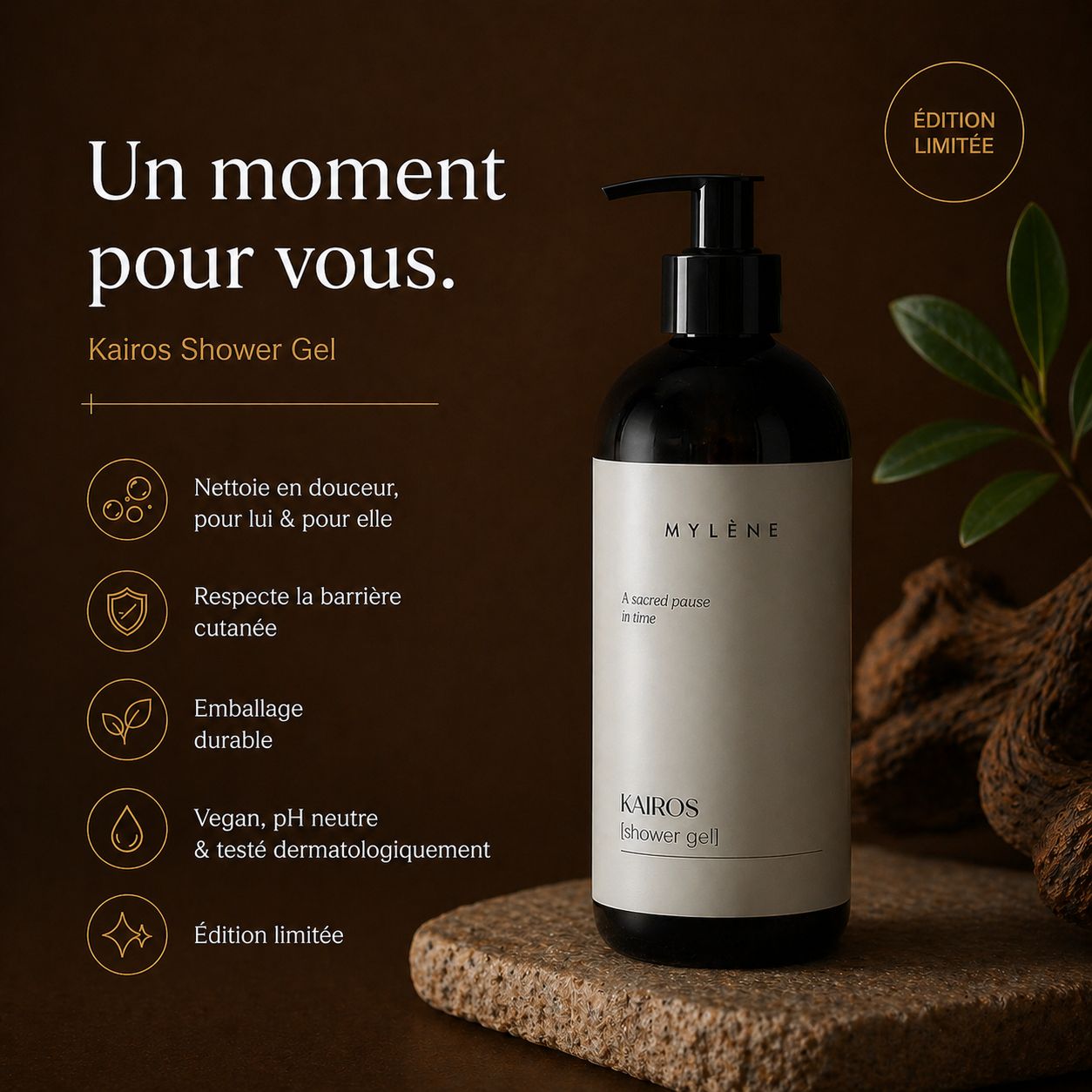 Gel douche Kairos dans une bouteille foncée avec distributeur.