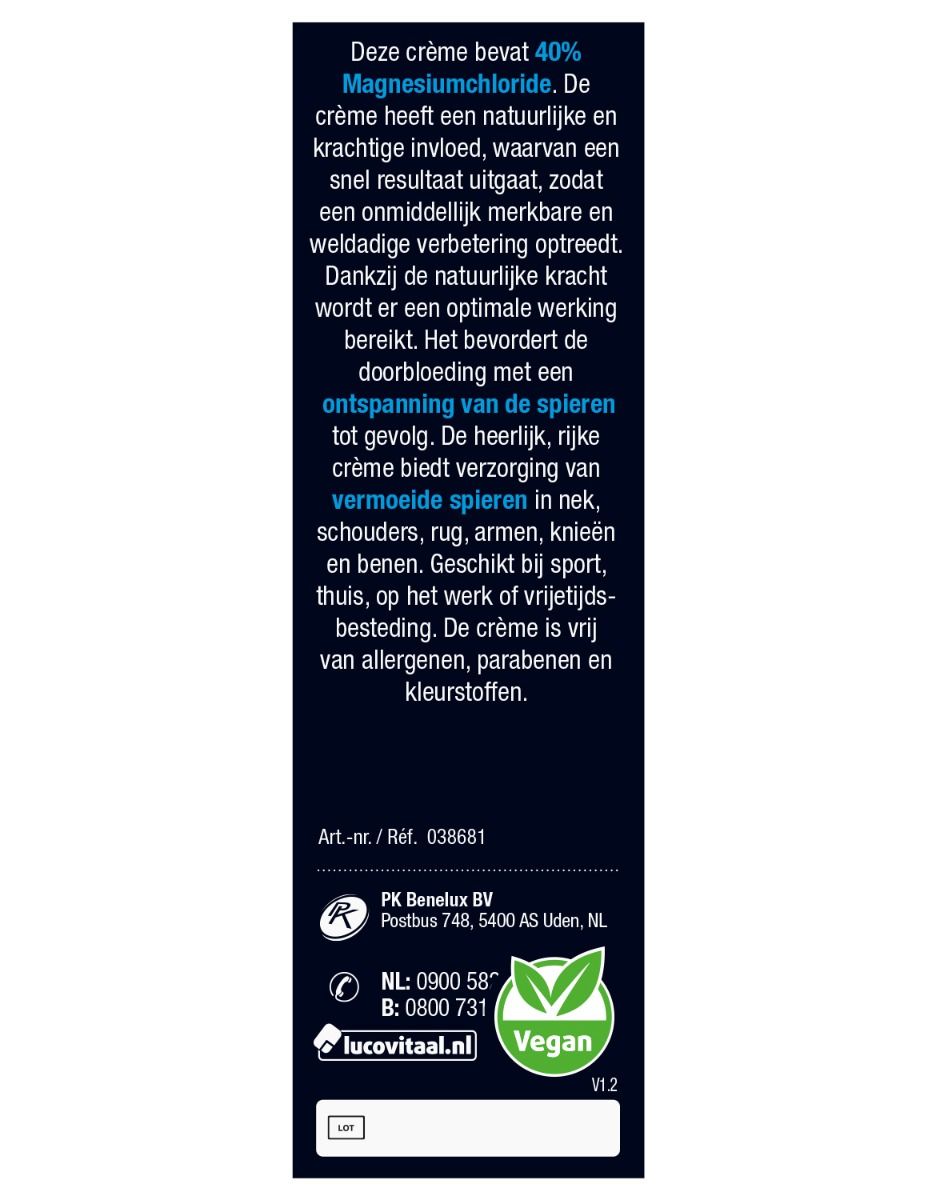 Achterkant van de verpakking. Productinformatie, fabrikantenadres en vegan keurmerk. Tekst: Magnesiumchloride.