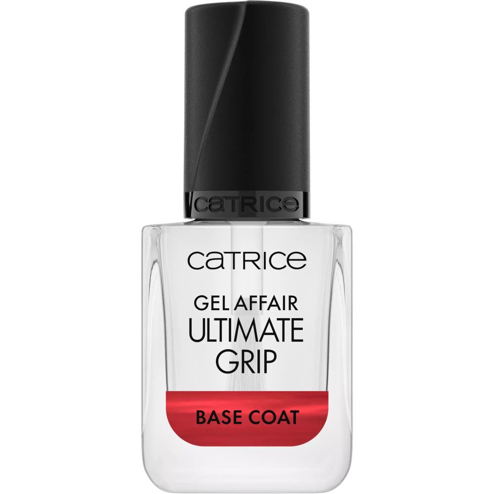 Catrice Gel Affair Ultimate Grip Base Coat. Transparante fles, zwarte dop. Rode strook met tekst.