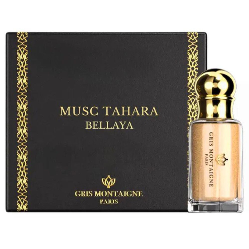 Zwarte doos met gouden tekst: MUSC TAHARA BELLAYA. Daarnaast flesje met gouden dop.