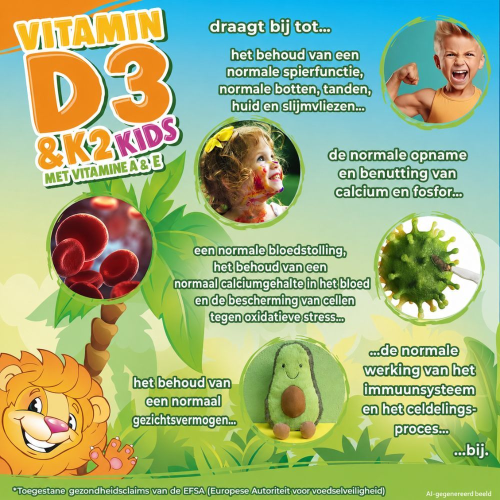 Infographic over Vitamine D3+K2 druppels voor kinderen: bijdragen aan spieren, botten, tanden, huid, slijmvliezen, calciumopname.