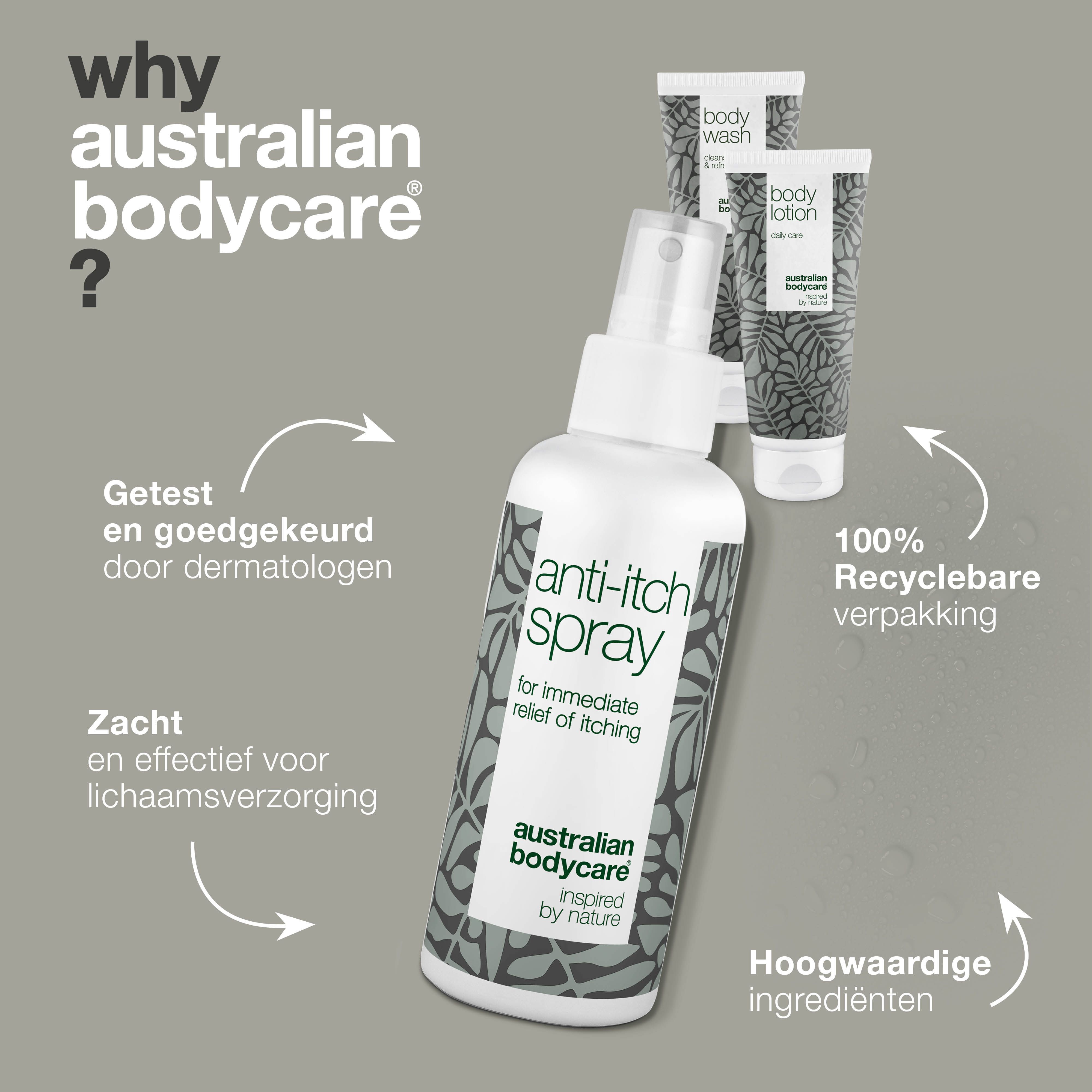 Grafiek: Waarom Australian Bodycare? Anti-jeuk Spray, Body Wash, Body Lotion.