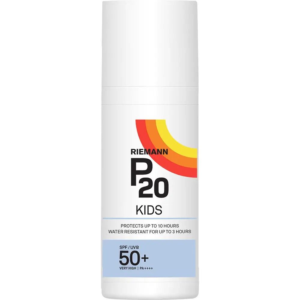 Flacon de protection solaire RIEMANN P20 Kids SPF 50+. Offre jusqu'à 10 heures de protection et est résistant à l'eau jusqu'à 3 heures.