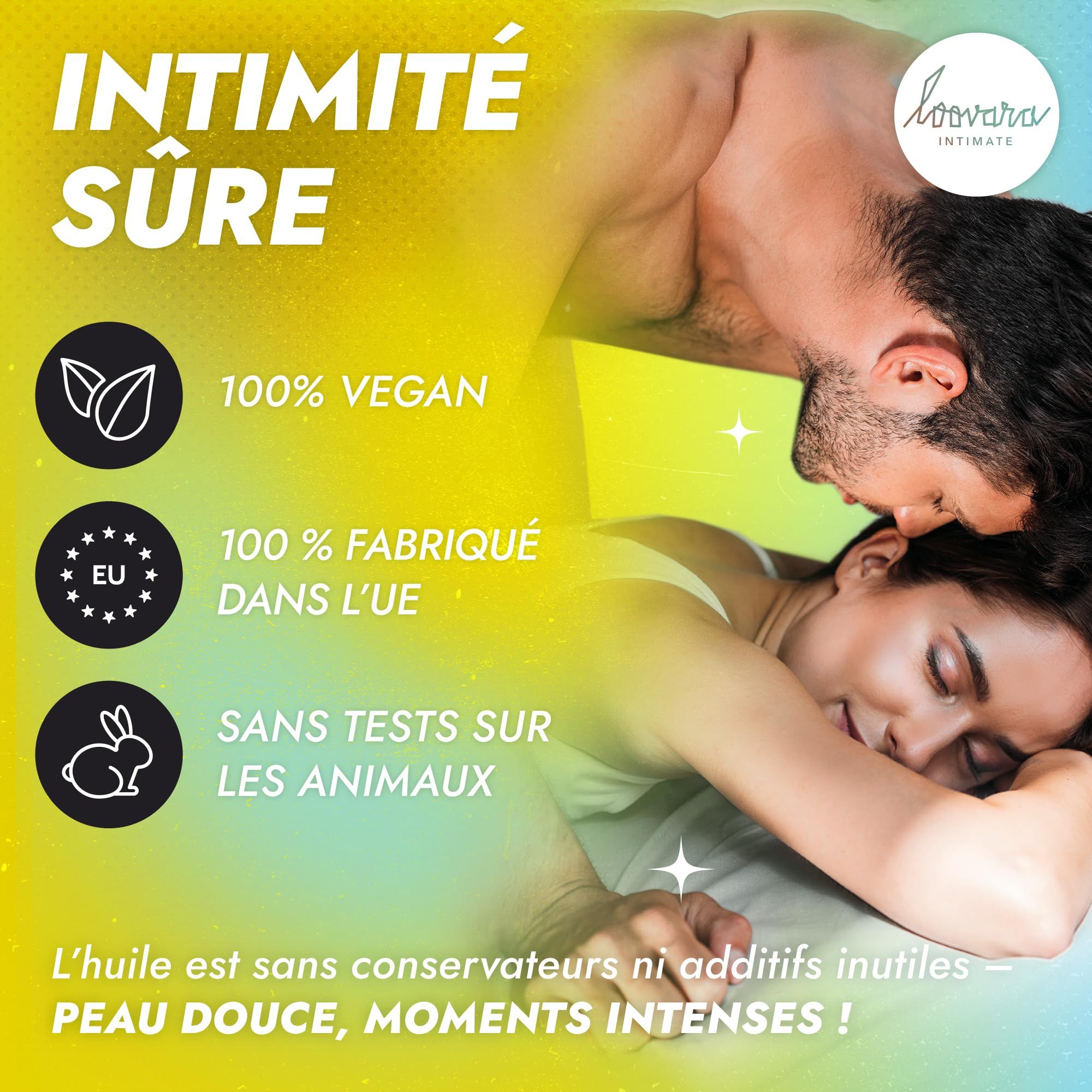 Couple dans un moment intime, avec texte sur l'intimité sûre et logo Loovara.
