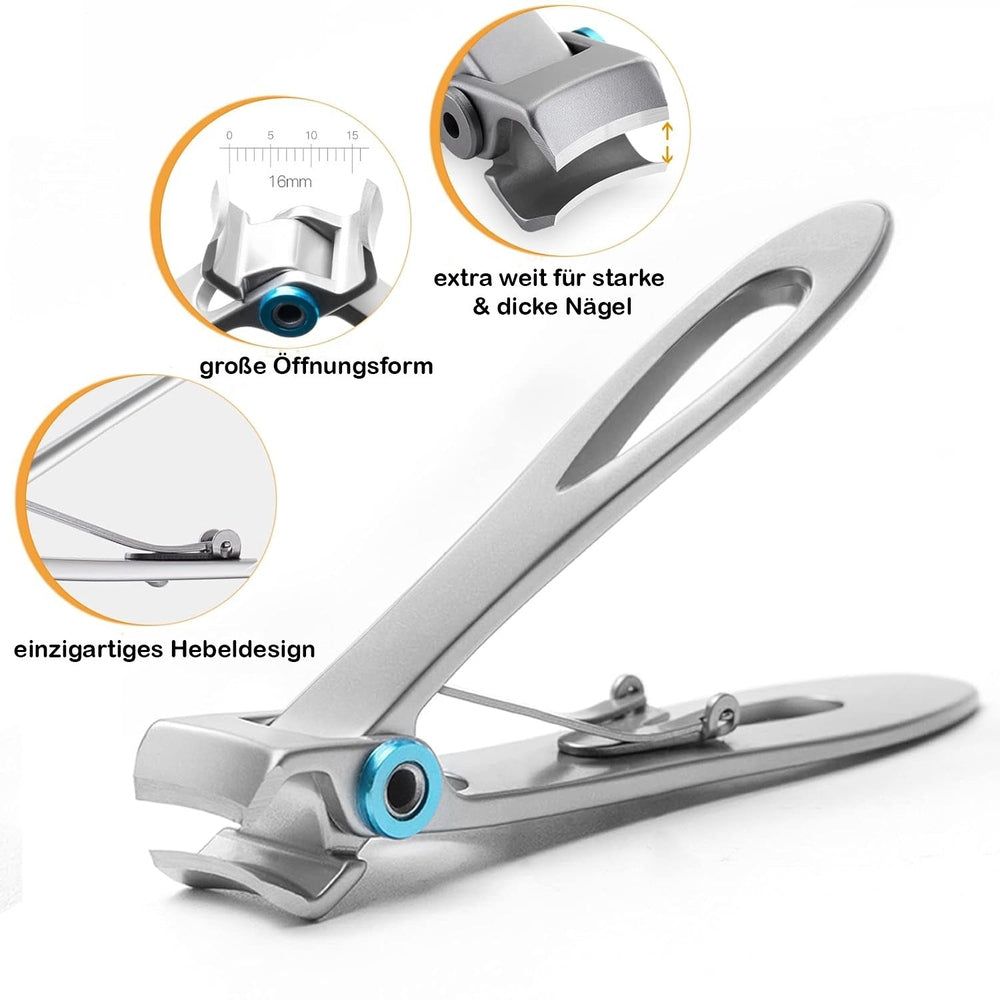 Coupe-ongles en métal avec accent bleu. Détails montrant une grande ouverture et un design à levier unique. Texte : extra large pour ongles épais.