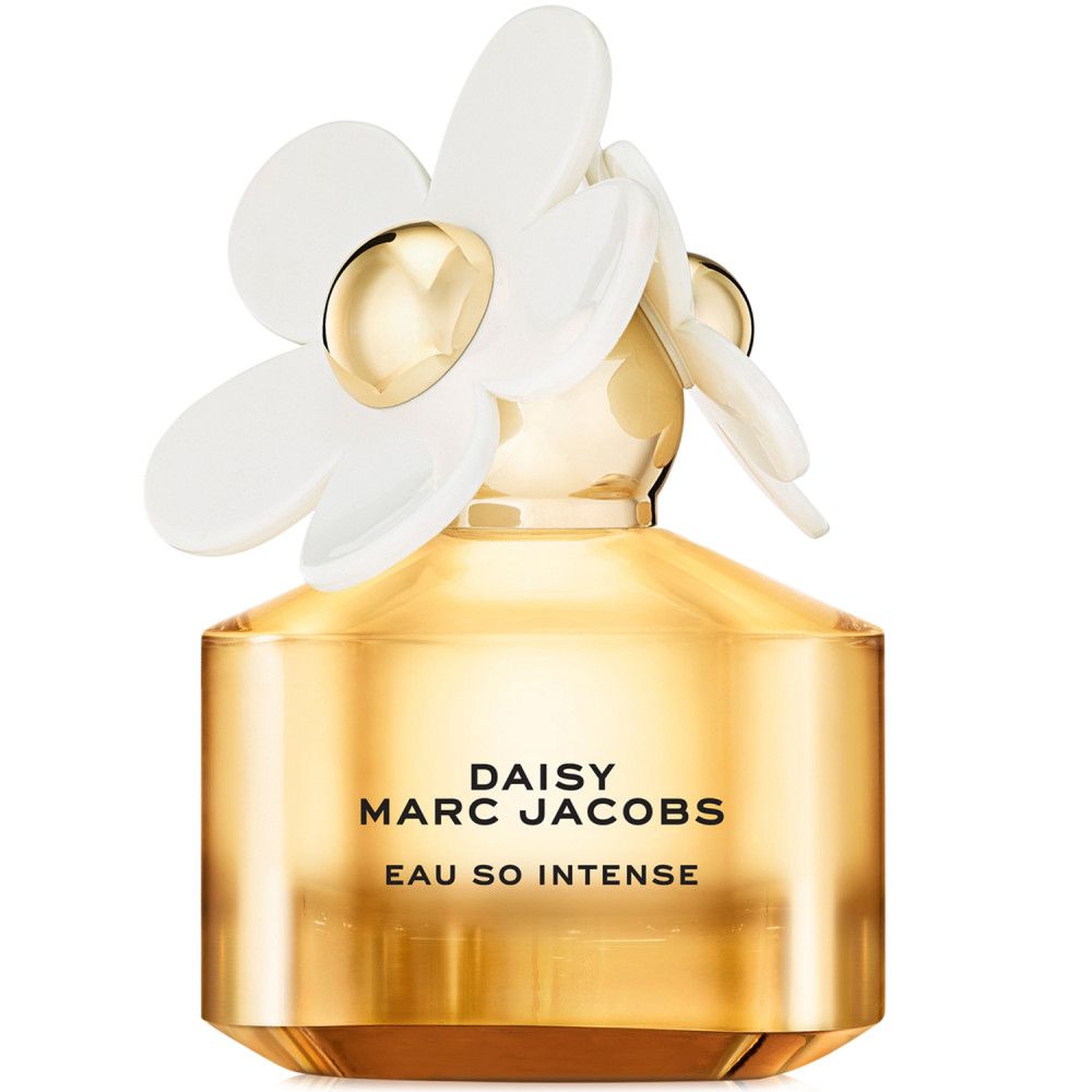 Flacon de parfum avec fleur blanche. Inscription: Daisy Marc Jacobs Eau So Intense.