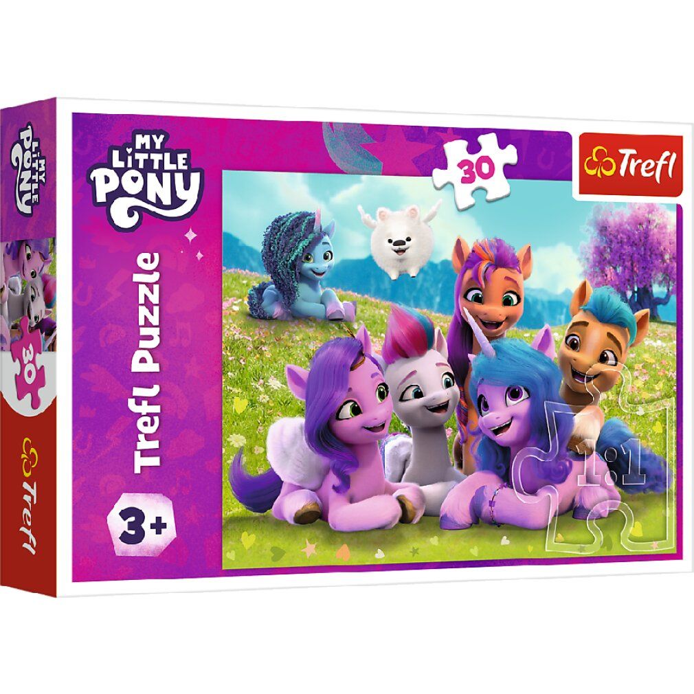 Puzzle Trefl My Little Pony: Pony amichevoli, 30 pièces. Emballage avec motif poney et pièces de puzzle.