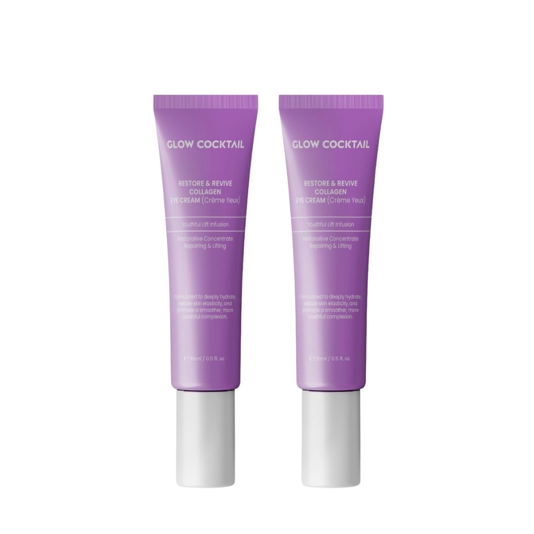 Deux tubes de crème pour les yeux. Tubes violets avec bouchons blancs. Inscription : Glow Cocktail, Restore & Revive Collagen Eye Cream.
