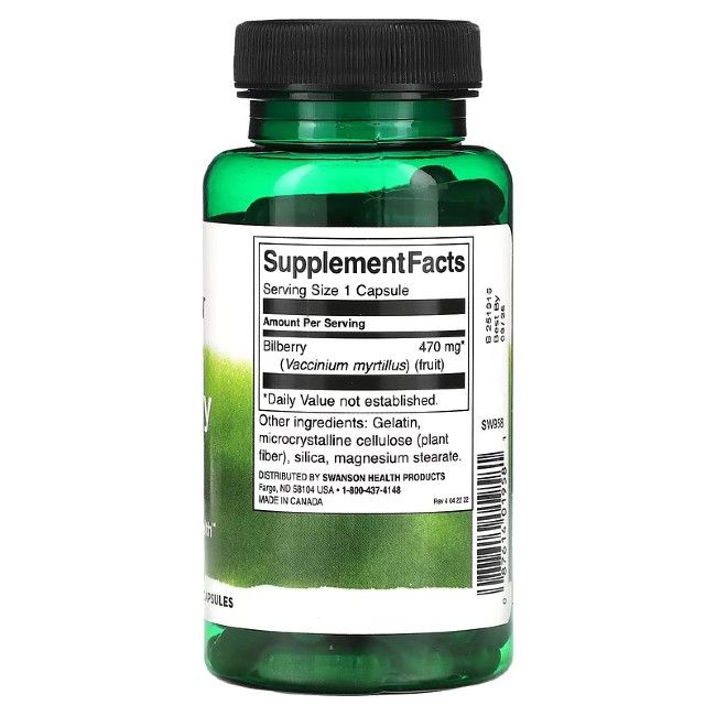 Capsules vertes dans flacon vert. Inscription: Supplement Facts, Bilberry 470 mg, ingrédients, 100 capsules.