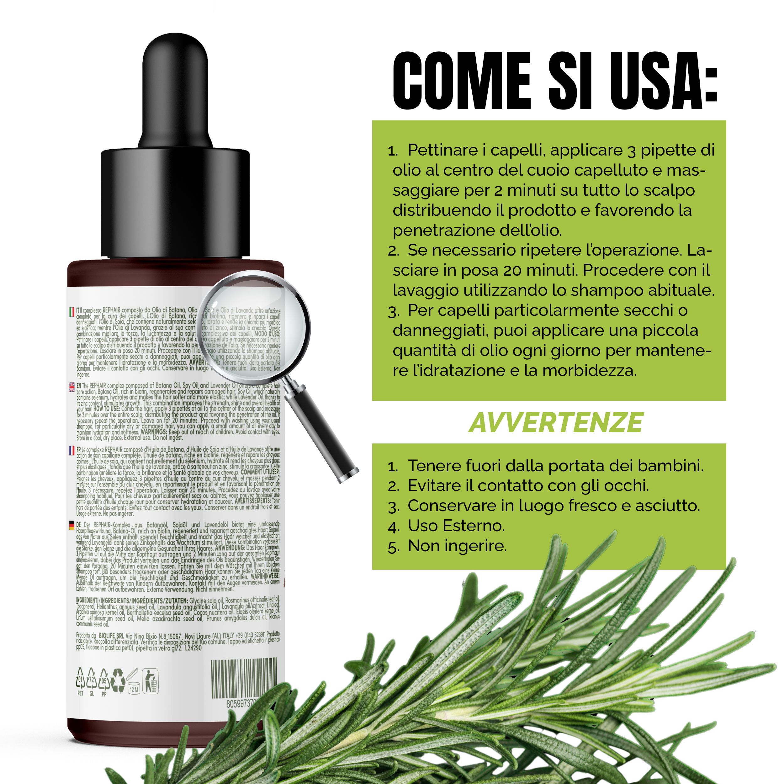 Flacon d'huile capillaire avec loupe et branche de romarin. Texte: Mode d'emploi: Appliquer 3 pipettes sur le cuir chevelu et masser.