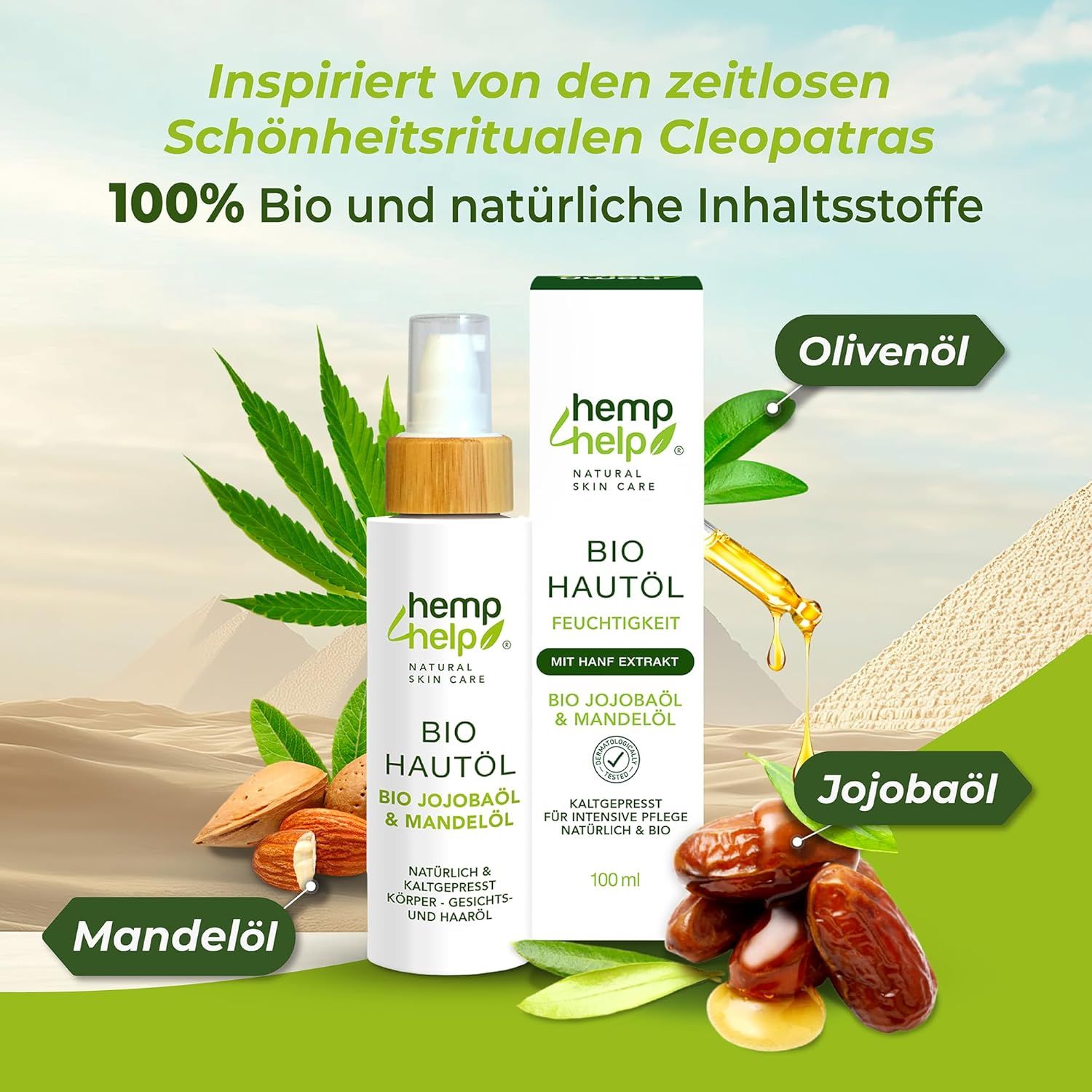 Flacon d'huile pour la peau avec vaporisateur et emballage. Huile d'olive, huile de jojoba, huile d'amande. Inscription : Bio Hautöl. Fond : pyramides.