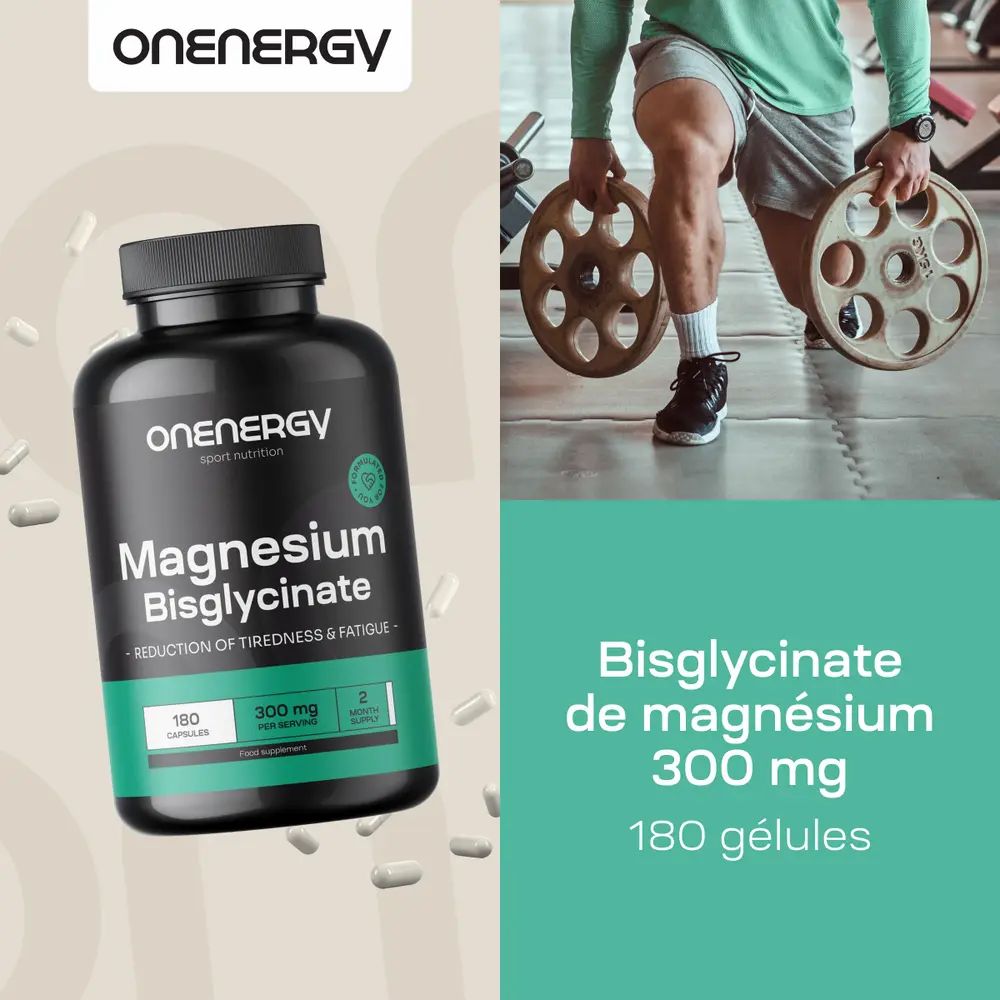 Onenergy Magnesiumbisglycinate 300 mg, 180 gélules. Flacon et gélules. Personne s'entraîne avec des poids en arrière-plan.