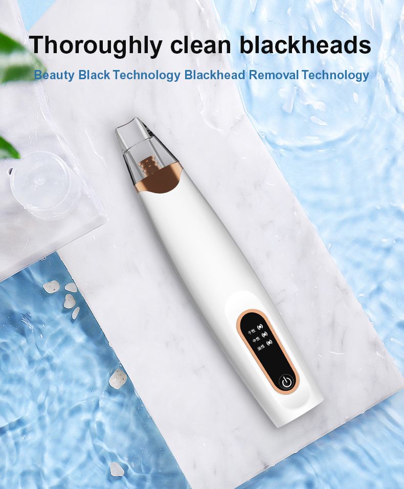 Appareil ErthSkin London blanc pour le nettoyage en profondeur des pores. Détails dorés. Sur plaque de marbre, entouré d'eau. Texte: Thoroughly clean blackheads.