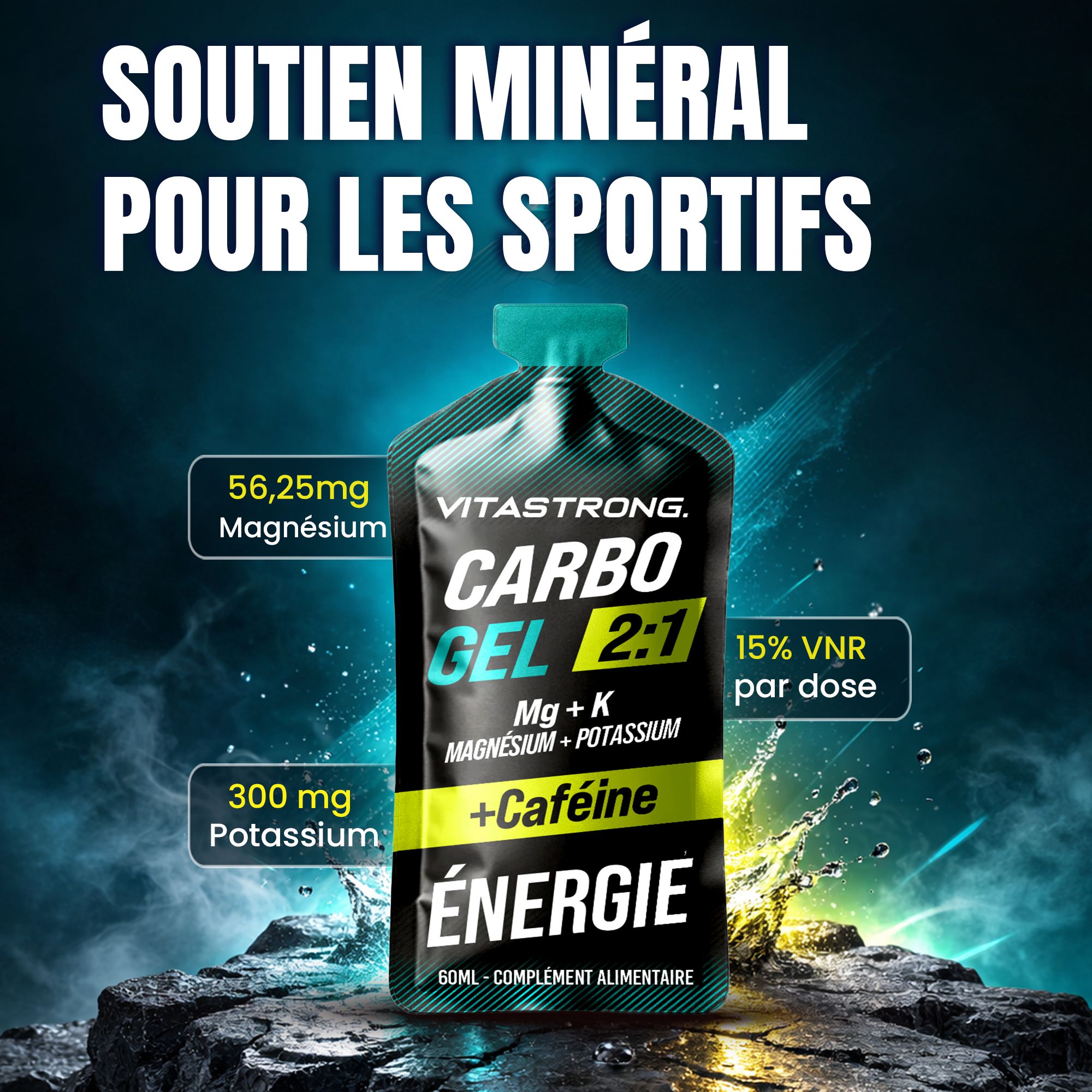 Vitastrong Carbo Gel 2:1 + Koffein. Gelverpakking. Tekst: Carbo Gel 2:1, Mg + K, Magnesium + Kalium + Cafeïne, Energie. Minerale ondersteuning.