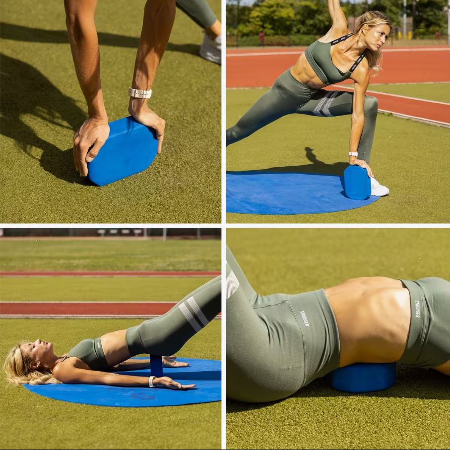 Bloc de yoga bleu en mousse. Plusieurs vues : en cours d'utilisation, tenu à la main, comme support pour les exercices de yoga.