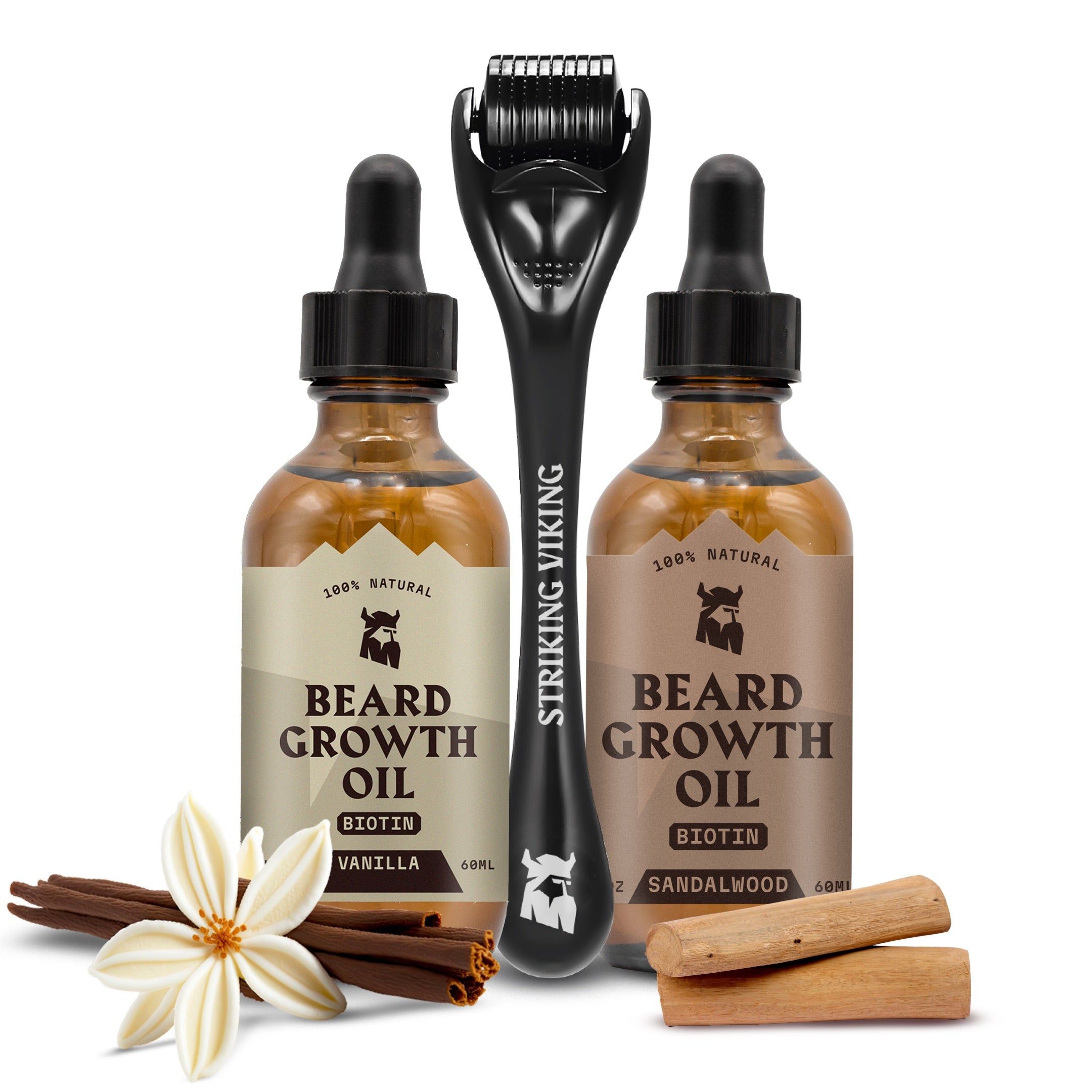 Deux flacons d'huile de croissance de barbe, un derma-roller et accessoires. Inscription: BEARD GROWTH OIL, BIOTIN, VANILLA, SANDALWOOD. Marque: STRIKING VIKING.