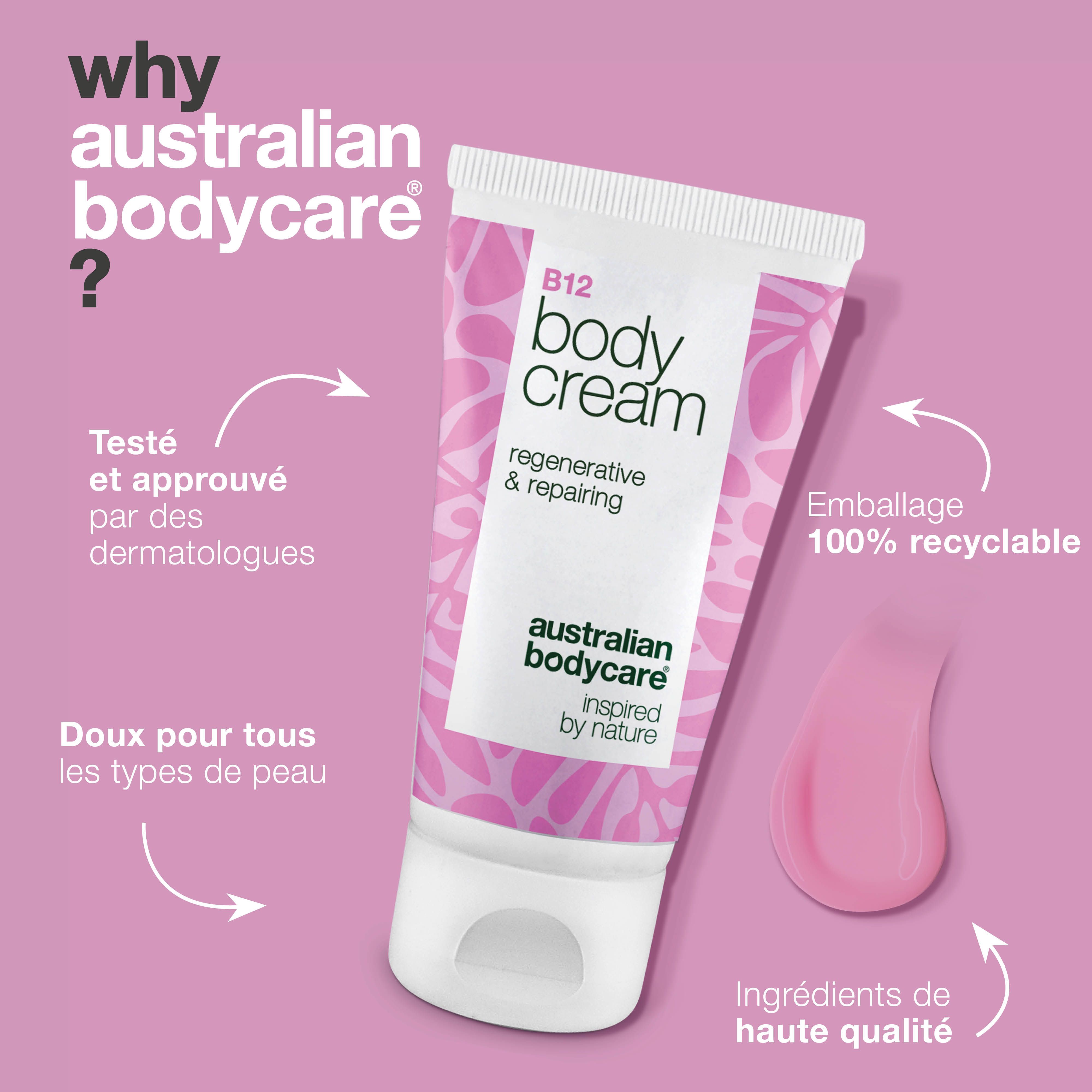 Tube de crème. Texte : B12 Body Cream, régénérant & réparateur, Australian Bodycare. Gouttes roses. Texte : Testé par dermatos, 100% recyclable.