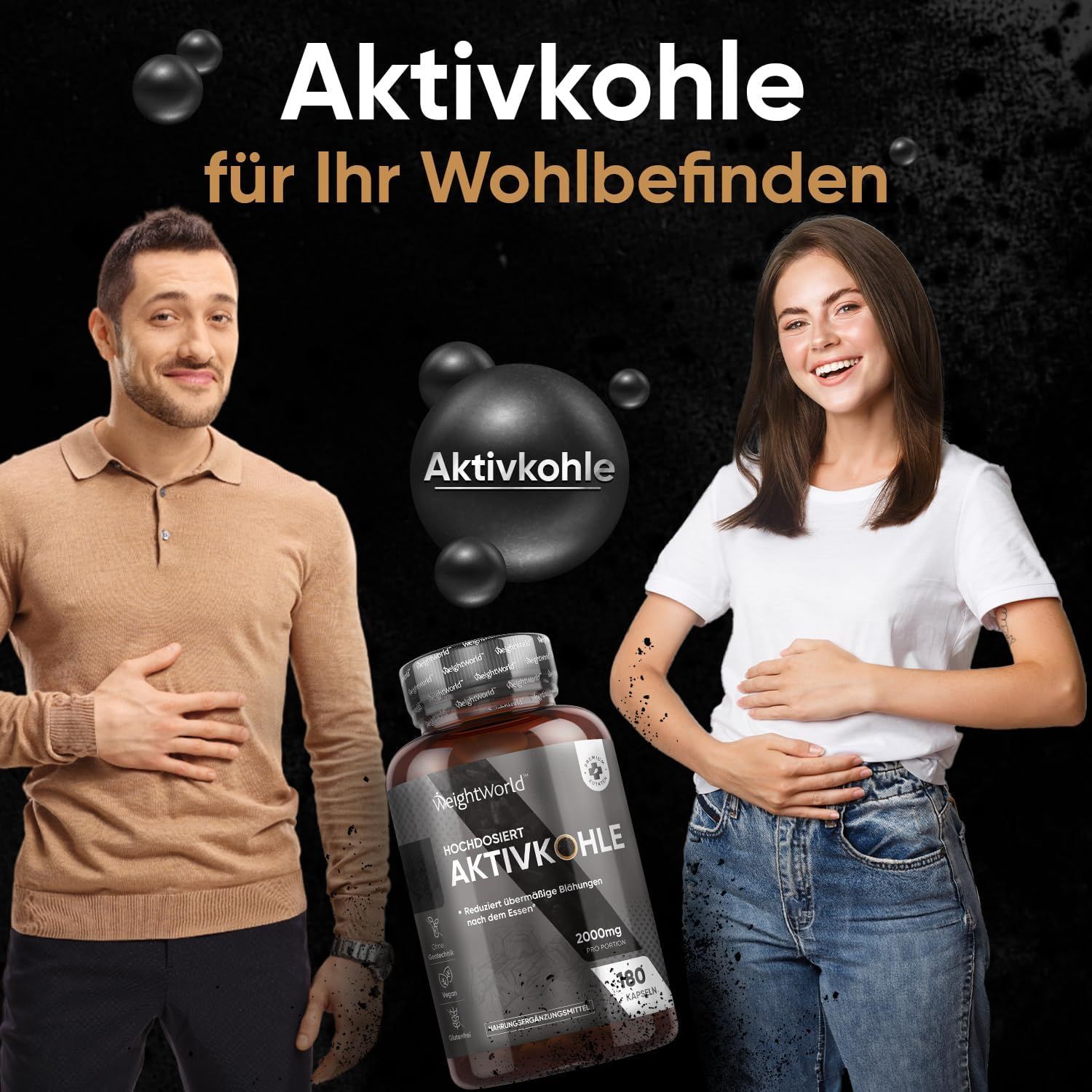 Bouteille de gélules de charbon actif, avec deux personnes souriantes à côté.